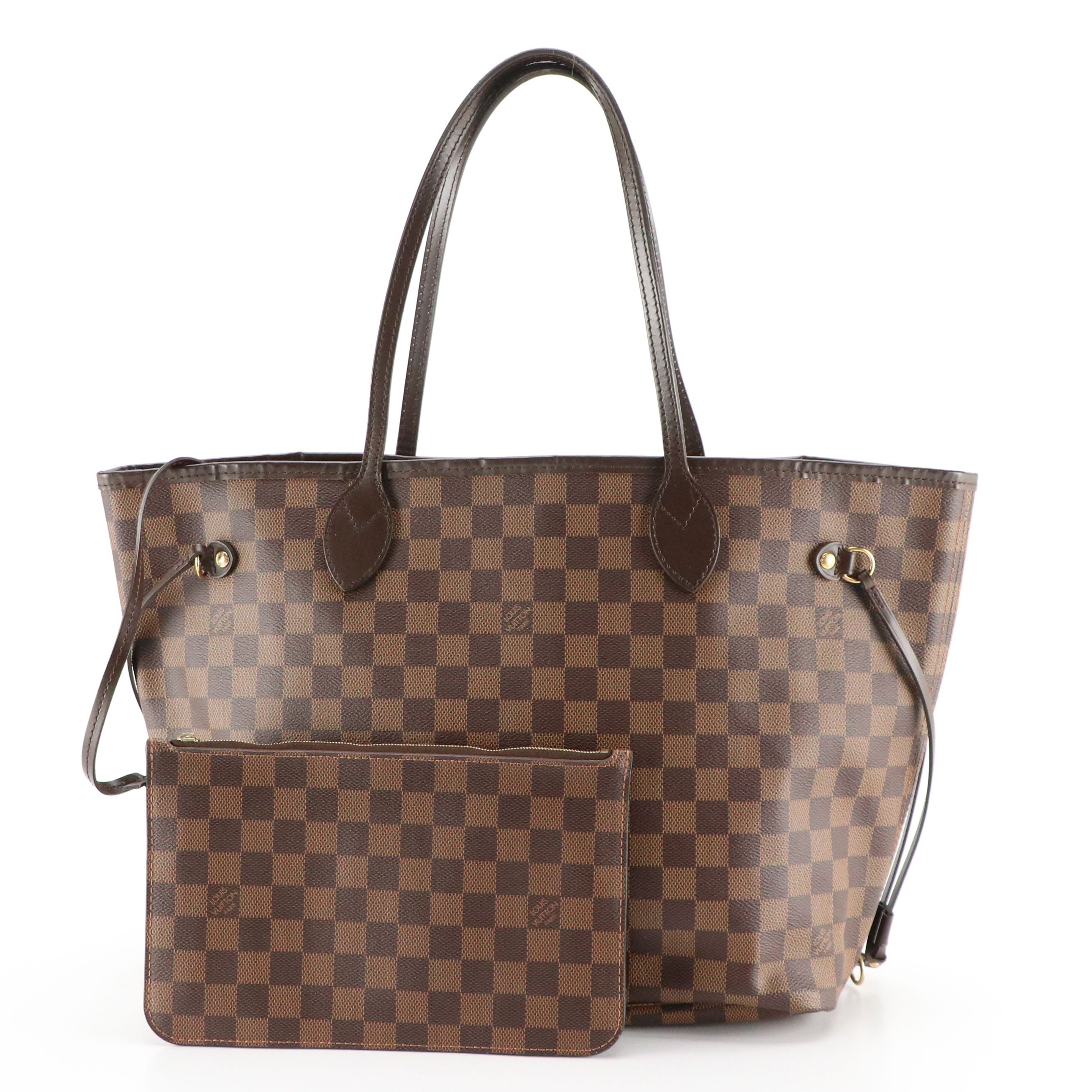 Louis Vuitton Neverfull MM Tote in Damier Ebene Canvas and Brown Leather
