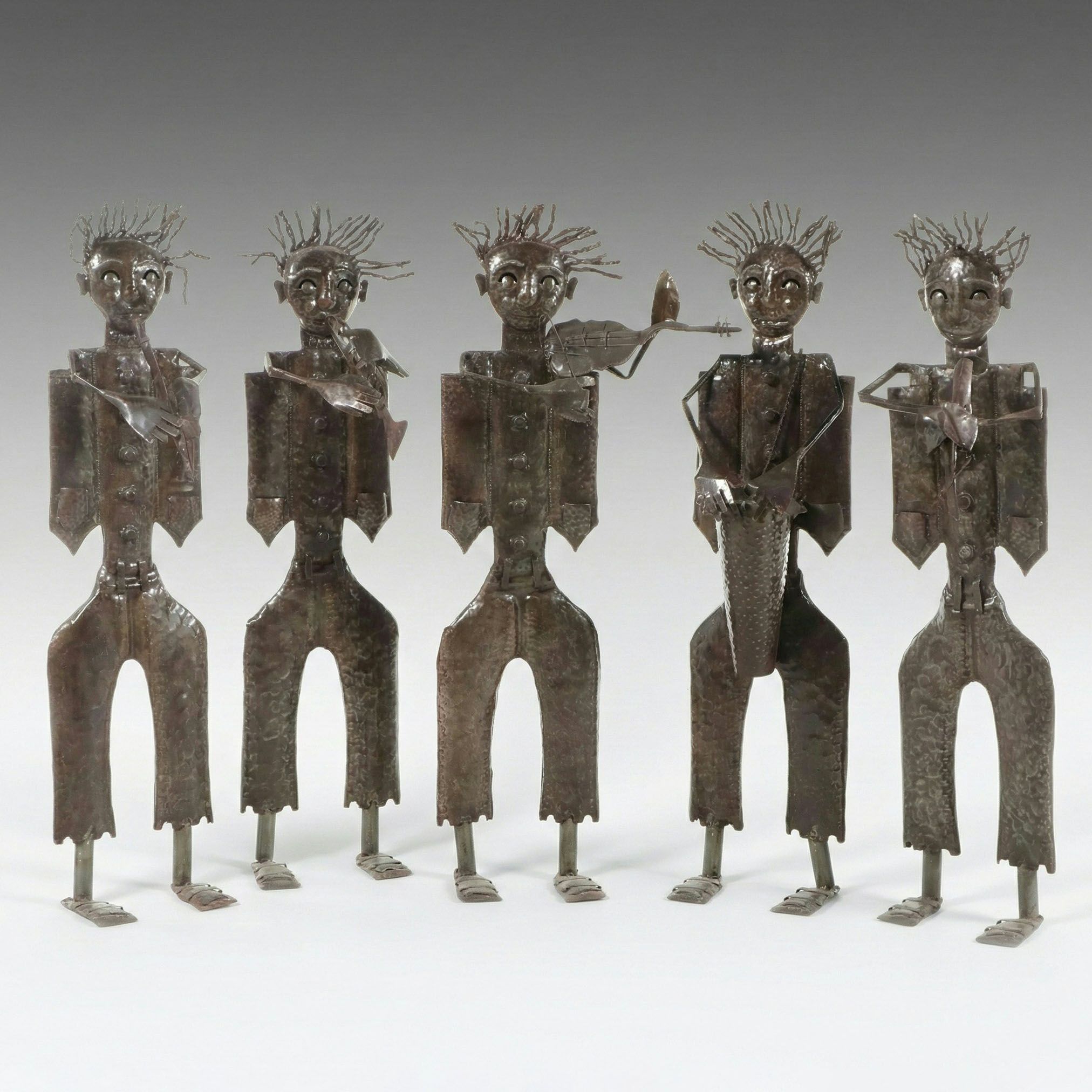 Handcrafted Folk Art Style Metal Figural Musician Sculptures