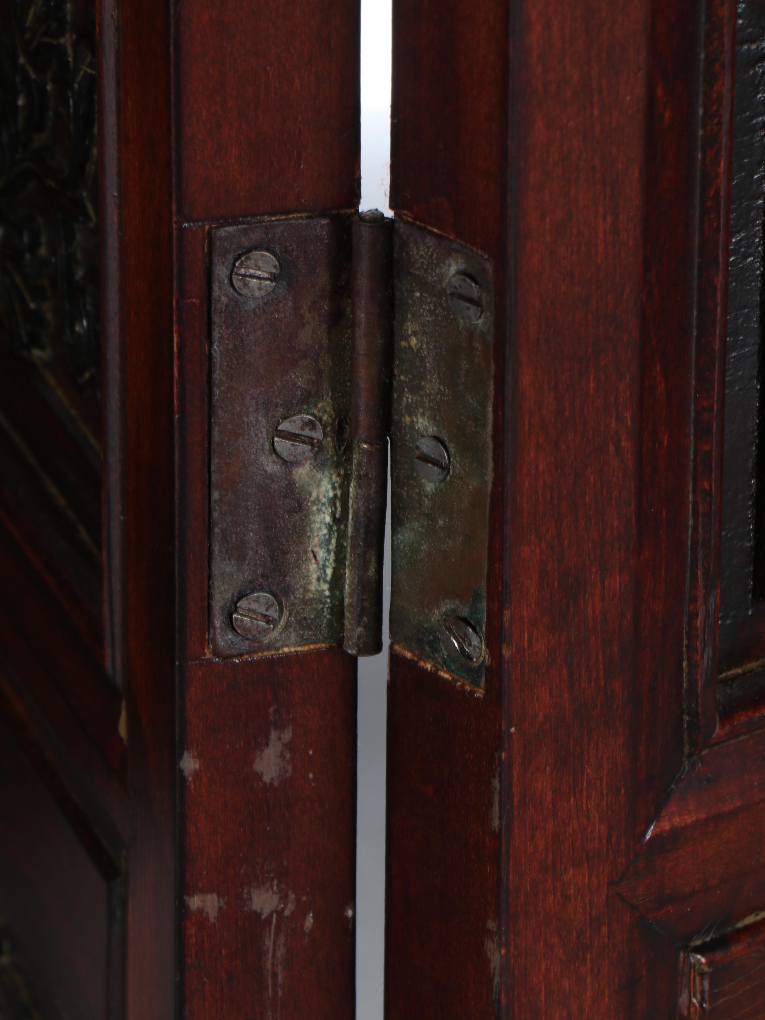 Chinese Hand-Painted Landscape in Carved Wood Six-Panel Folding Screen