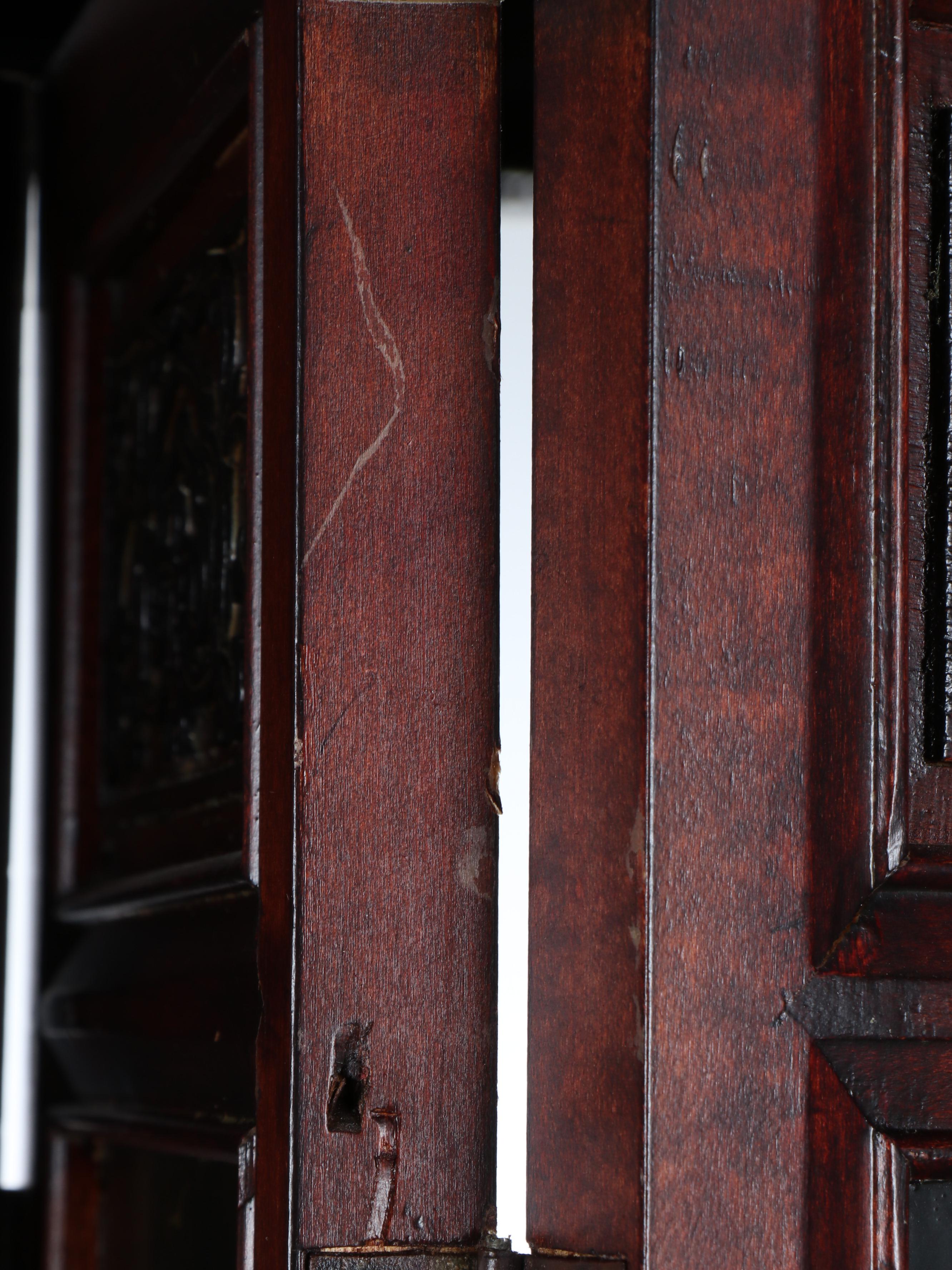 Chinese Hand-Painted Landscape in Carved Wood Six-Panel Folding Screen
