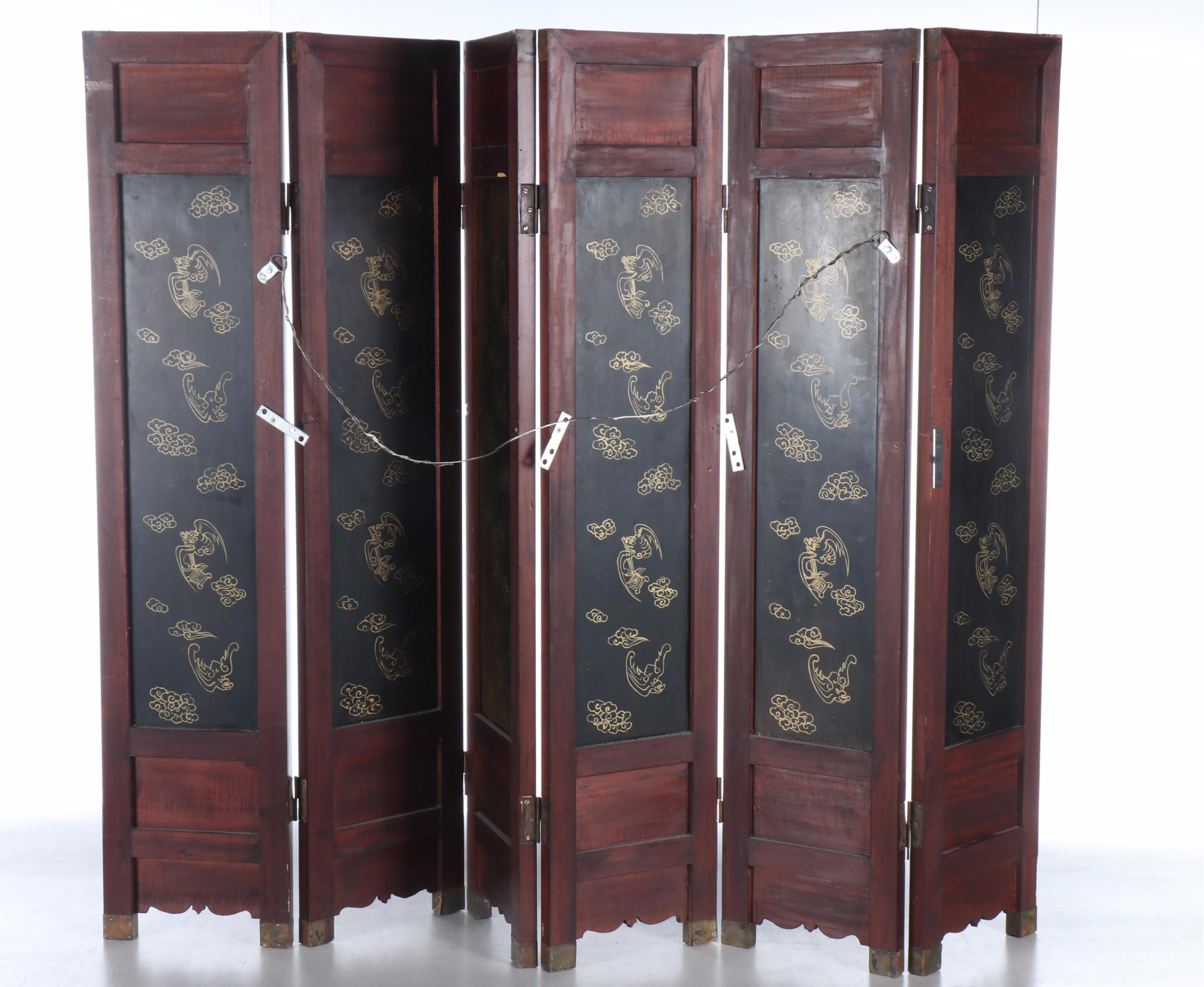 Chinese Hand-Painted Landscape in Carved Wood Six-Panel Folding Screen