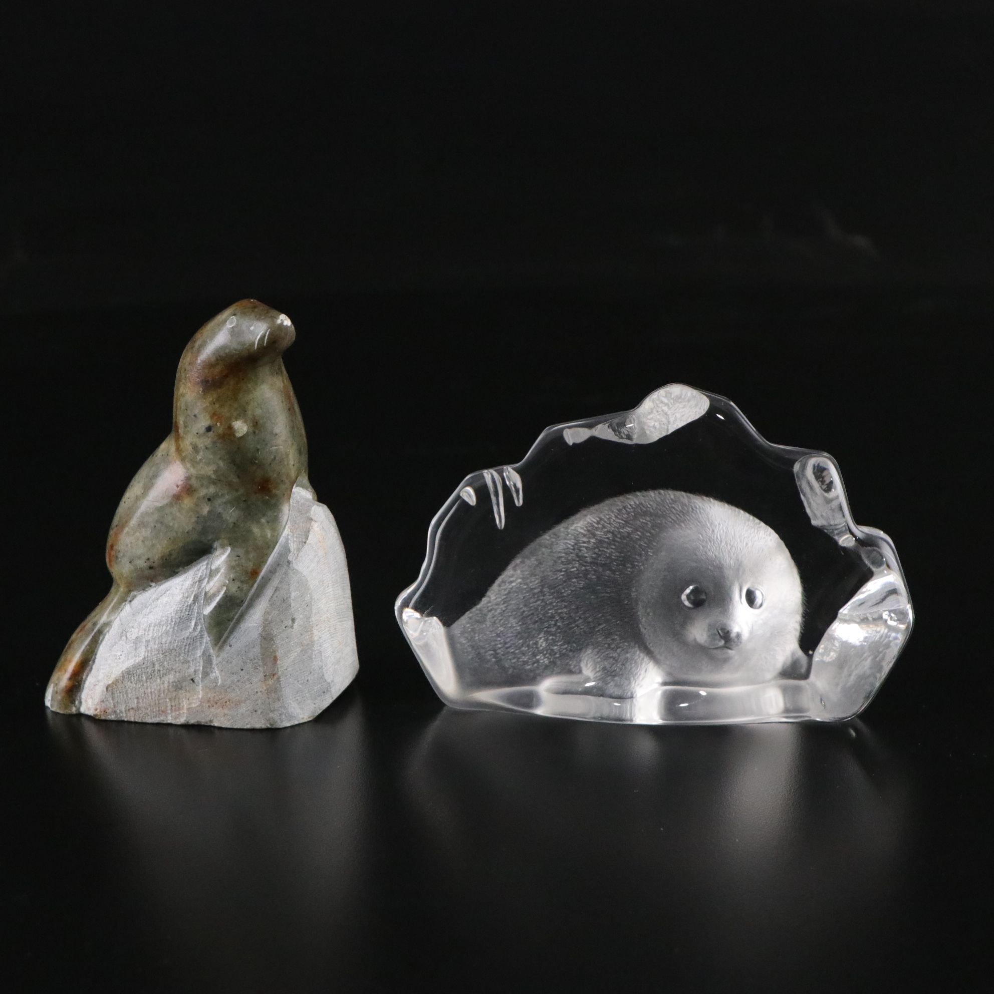 Mats Jonasson Swedish Crystal "Baby Seal" Paperweight & Carved Soaptone Figurine