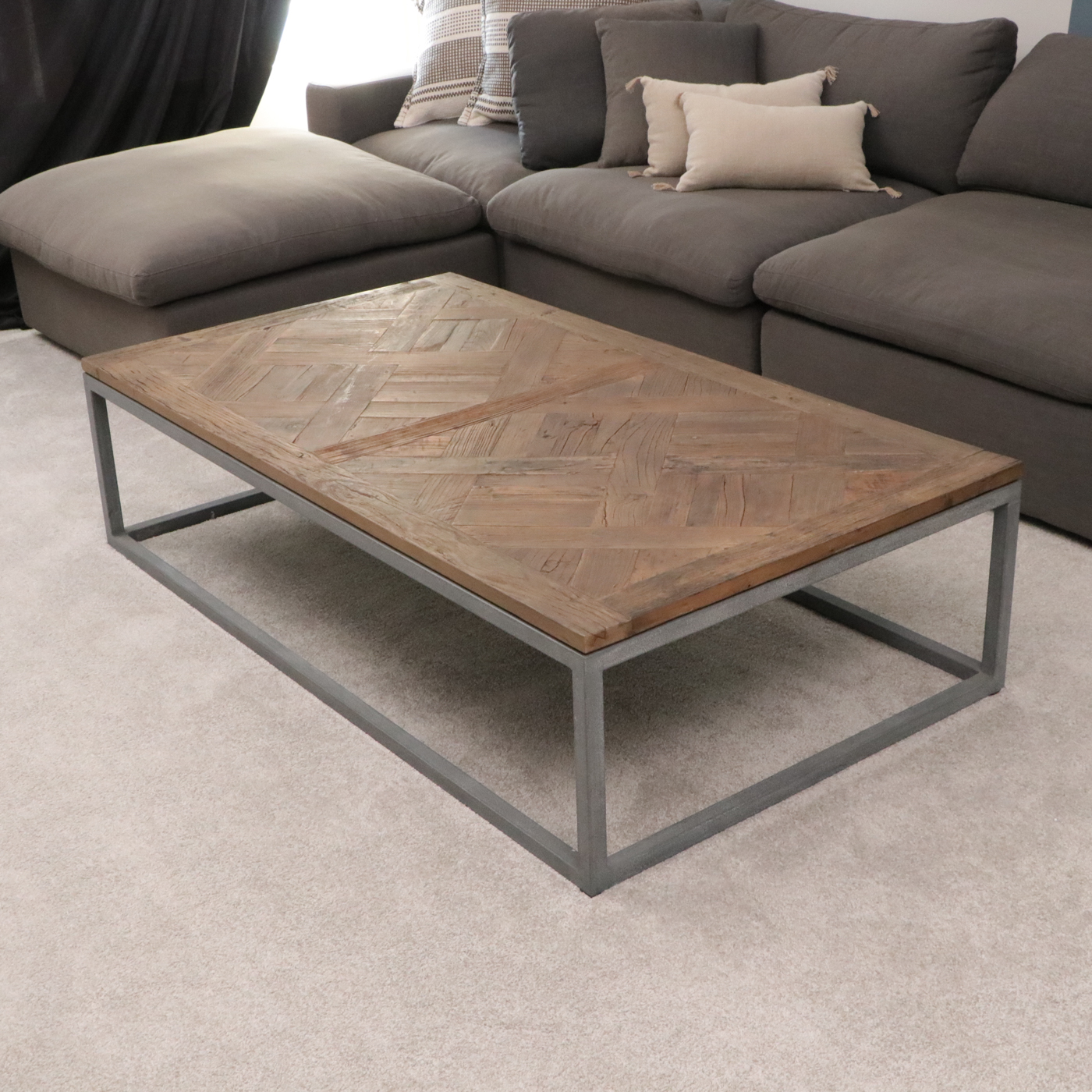 Industrial Style Parquet Wood Top Metal Coffee Table