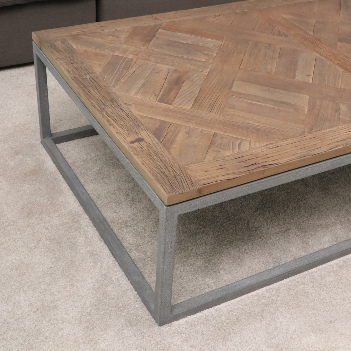 Industrial Style Parquet Wood Top Metal Coffee Table