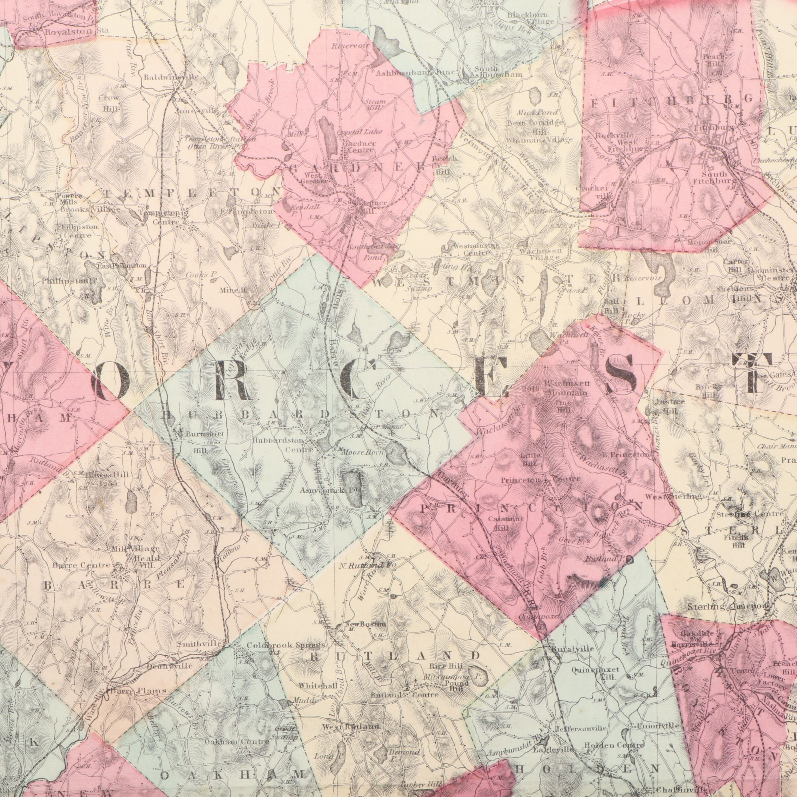 "Worcester County" Massachusetts Hand-Colored Topographical Map, 1871