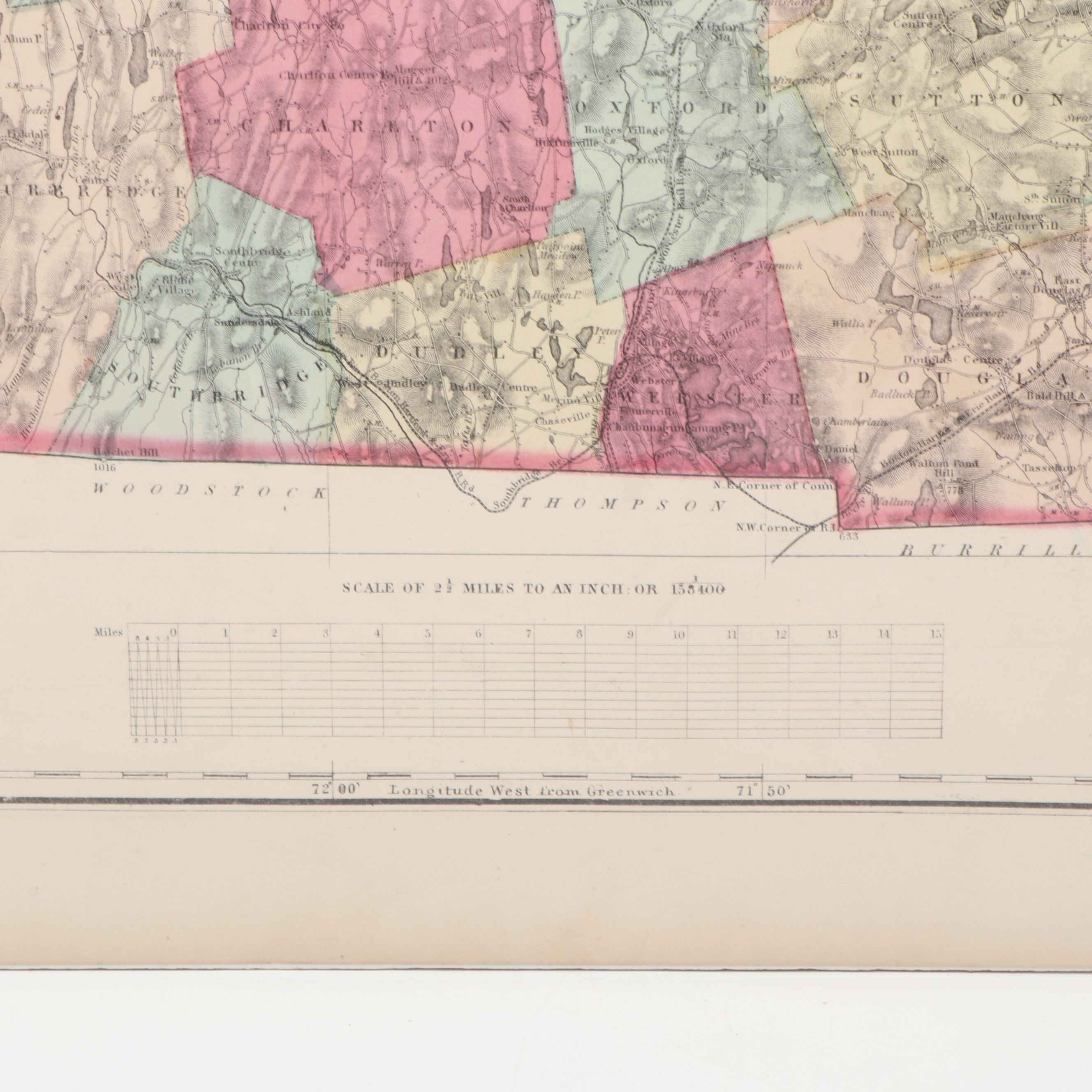 "Worcester County" Massachusetts Hand-Colored Topographical Map, 1871