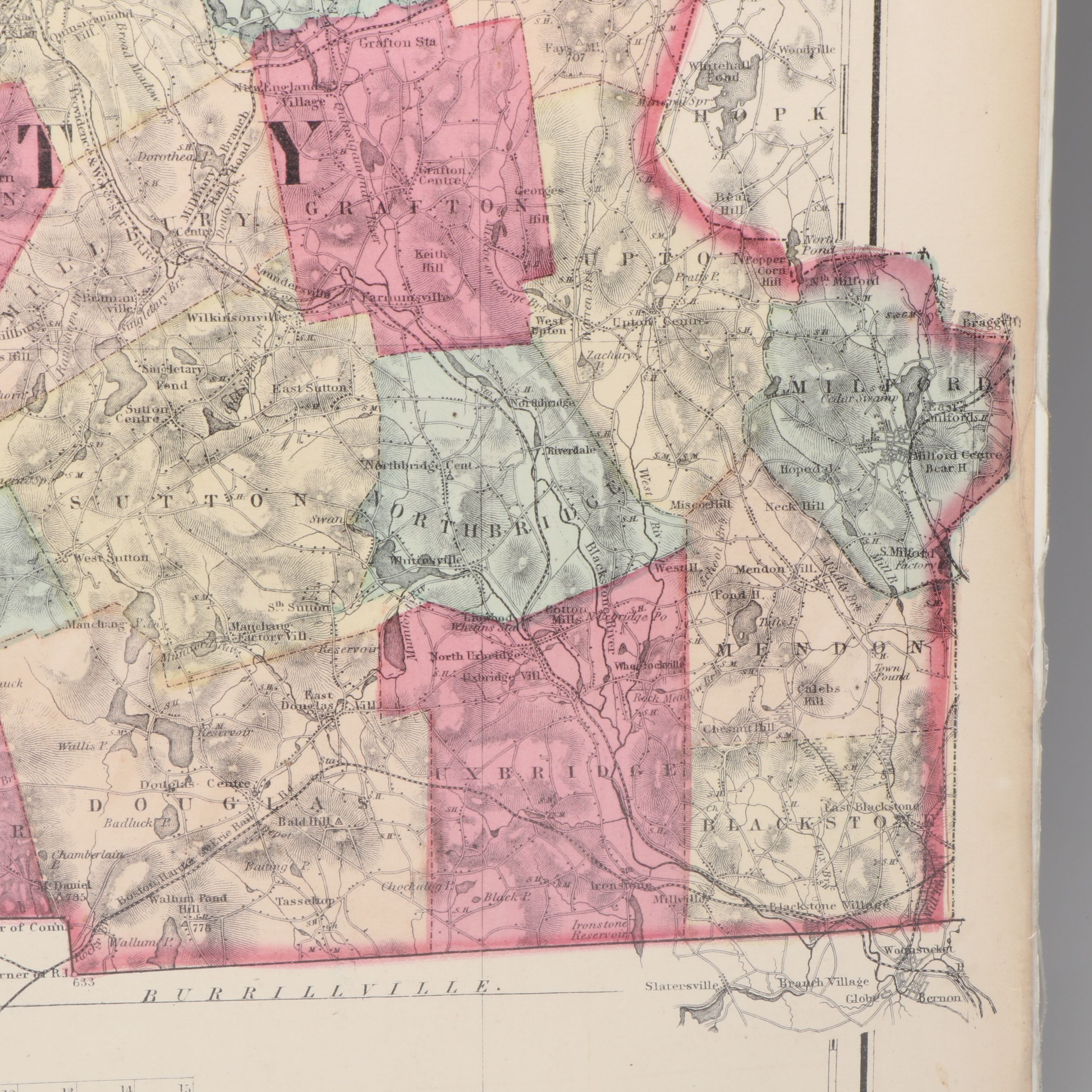 "Worcester County" Massachusetts Hand-Colored Topographical Map, 1871