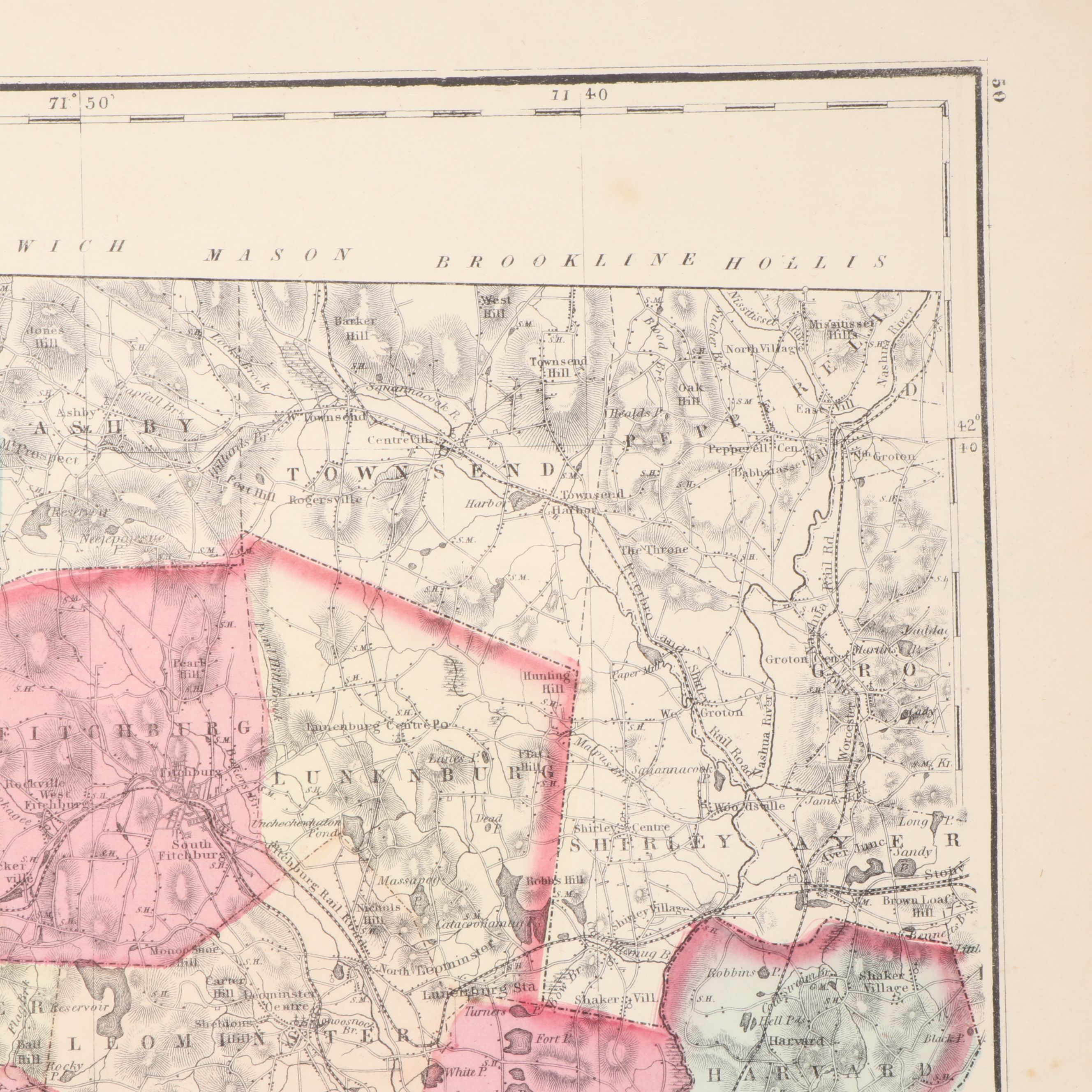 "Worcester County" Massachusetts Hand-Colored Topographical Map, 1871