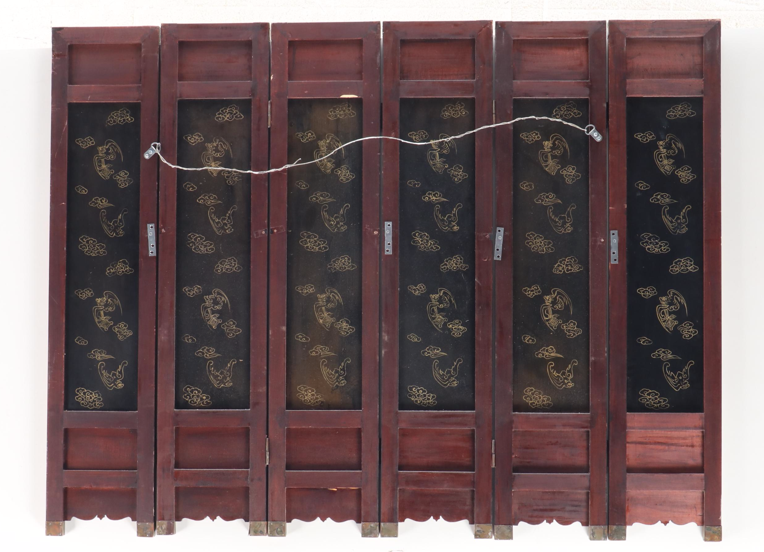 Chinese Hand-Painted Landscape in Carved Wood Six-Panel Folding Screen