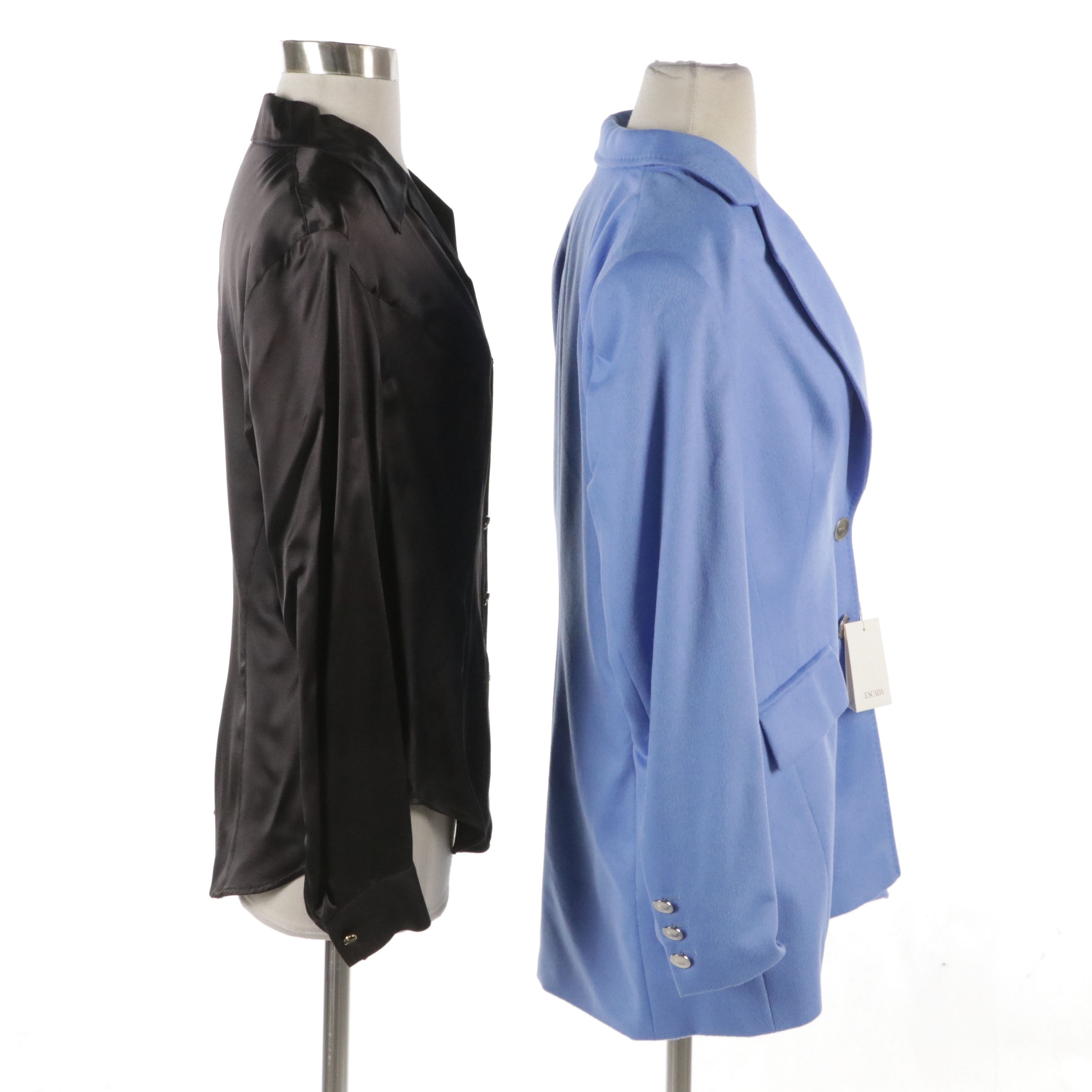 Escada Rabbit Fur/Wool Blue Blazer, Blue Logo Tee, and Black Silk Blouse