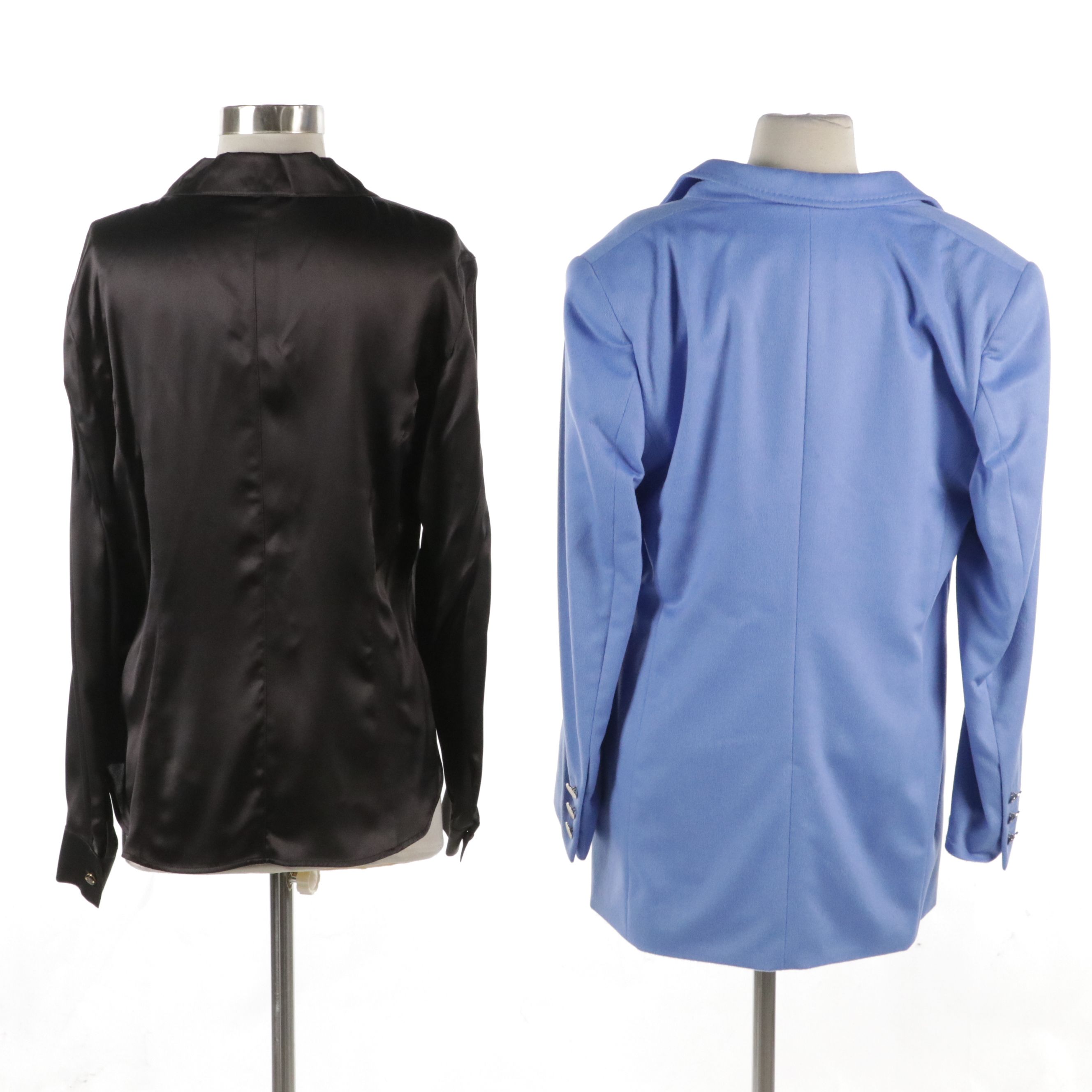 Escada Rabbit Fur/Wool Blue Blazer, Blue Logo Tee, and Black Silk Blouse