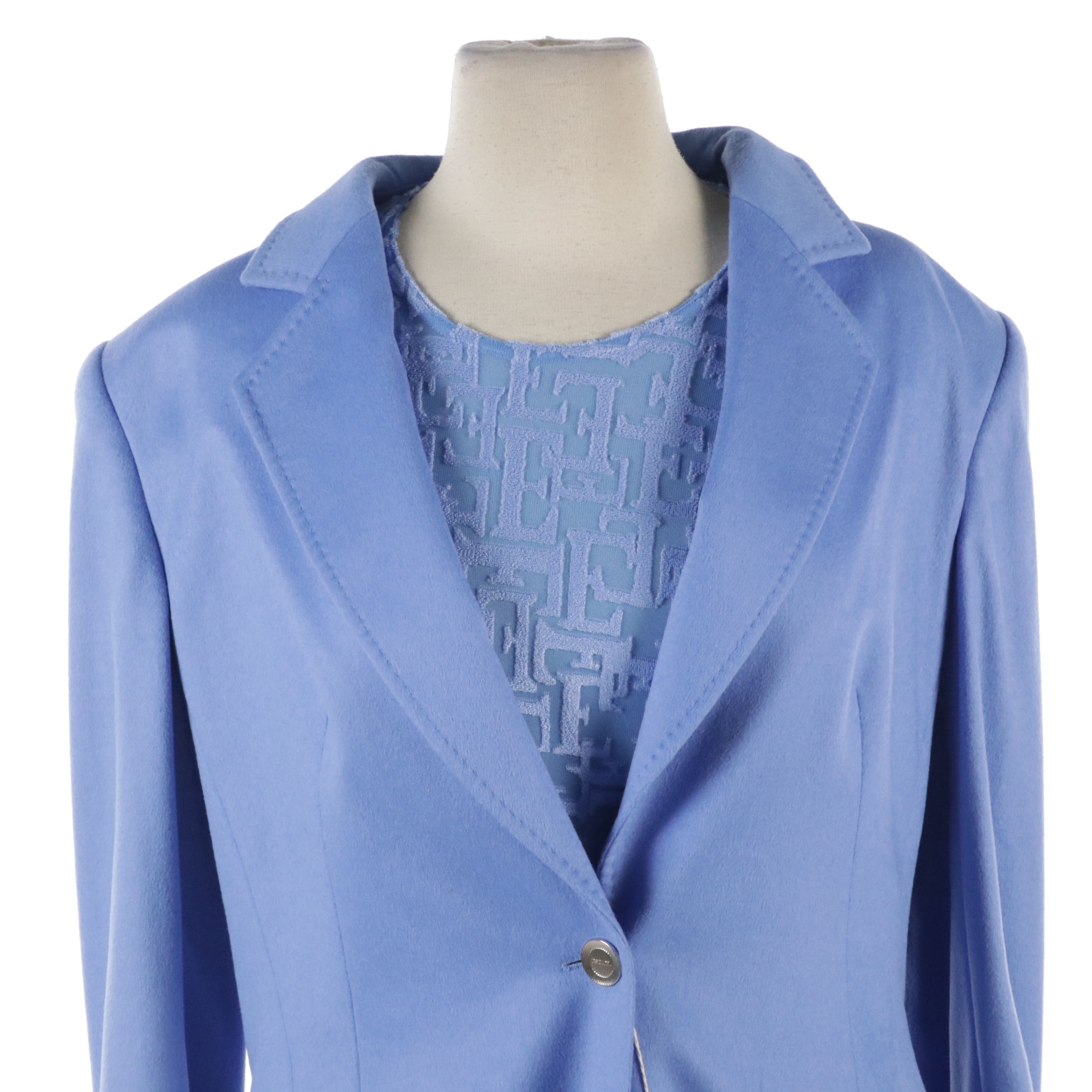 Escada Rabbit Fur/Wool Blue Blazer, Blue Logo Tee, and Black Silk Blouse