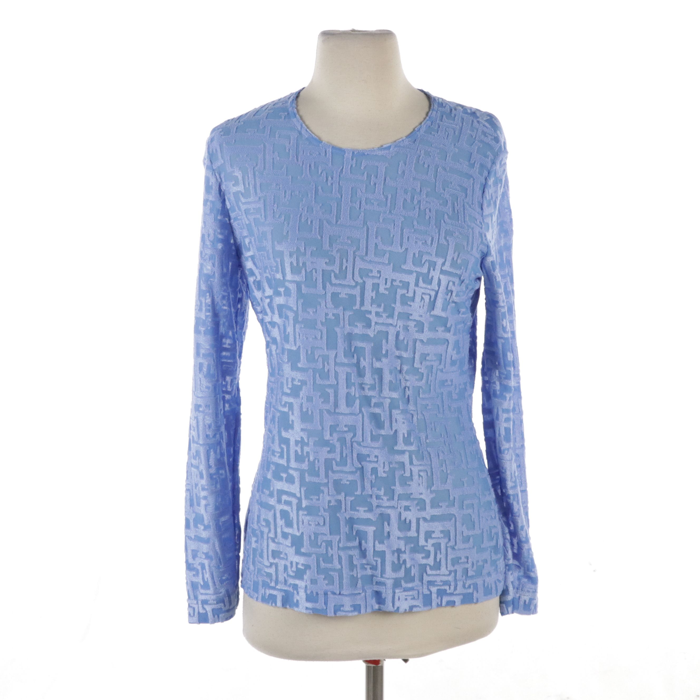 Escada Rabbit Fur/Wool Blue Blazer, Blue Logo Tee, and Black Silk Blouse