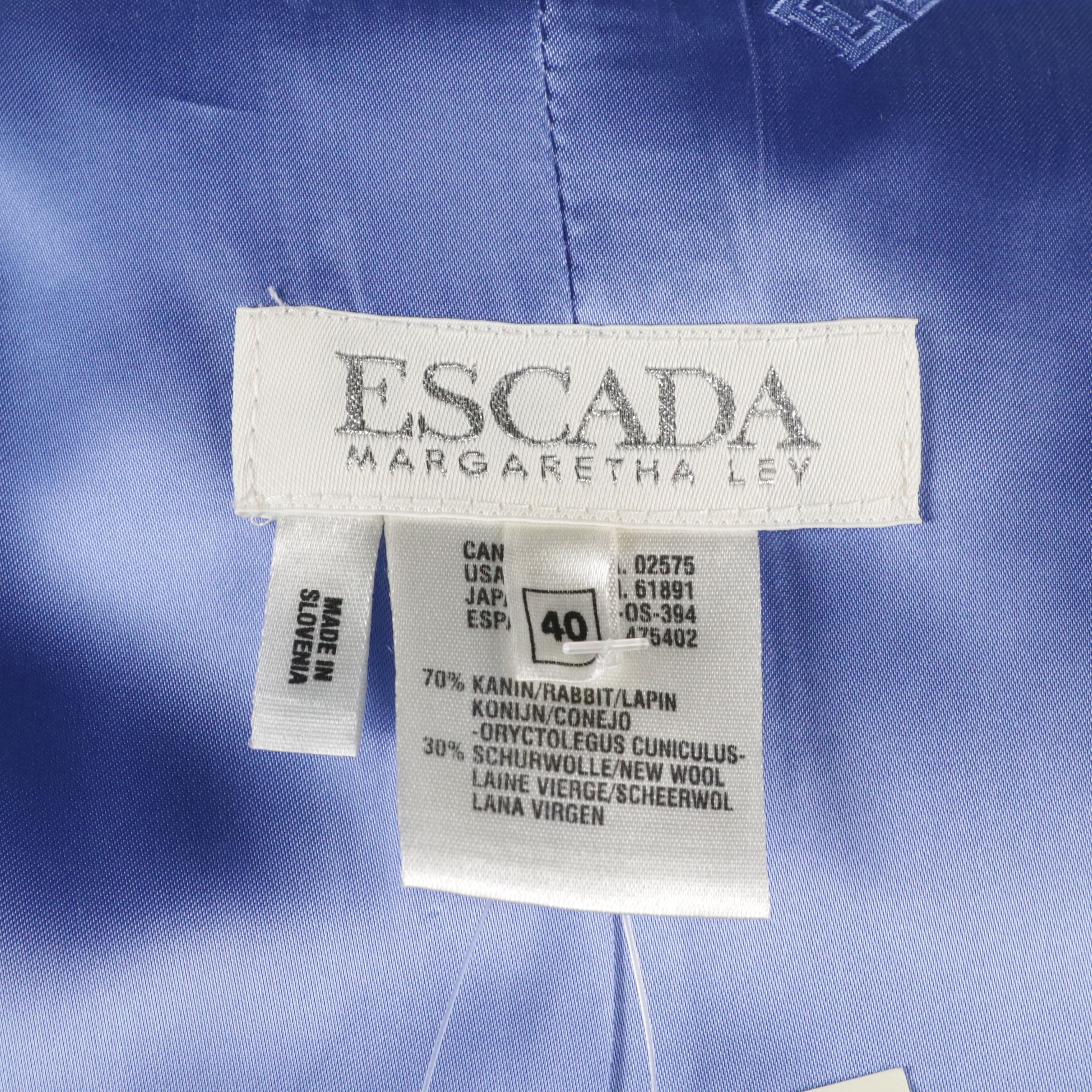 Escada Rabbit Fur/Wool Blue Blazer, Blue Logo Tee, and Black Silk Blouse