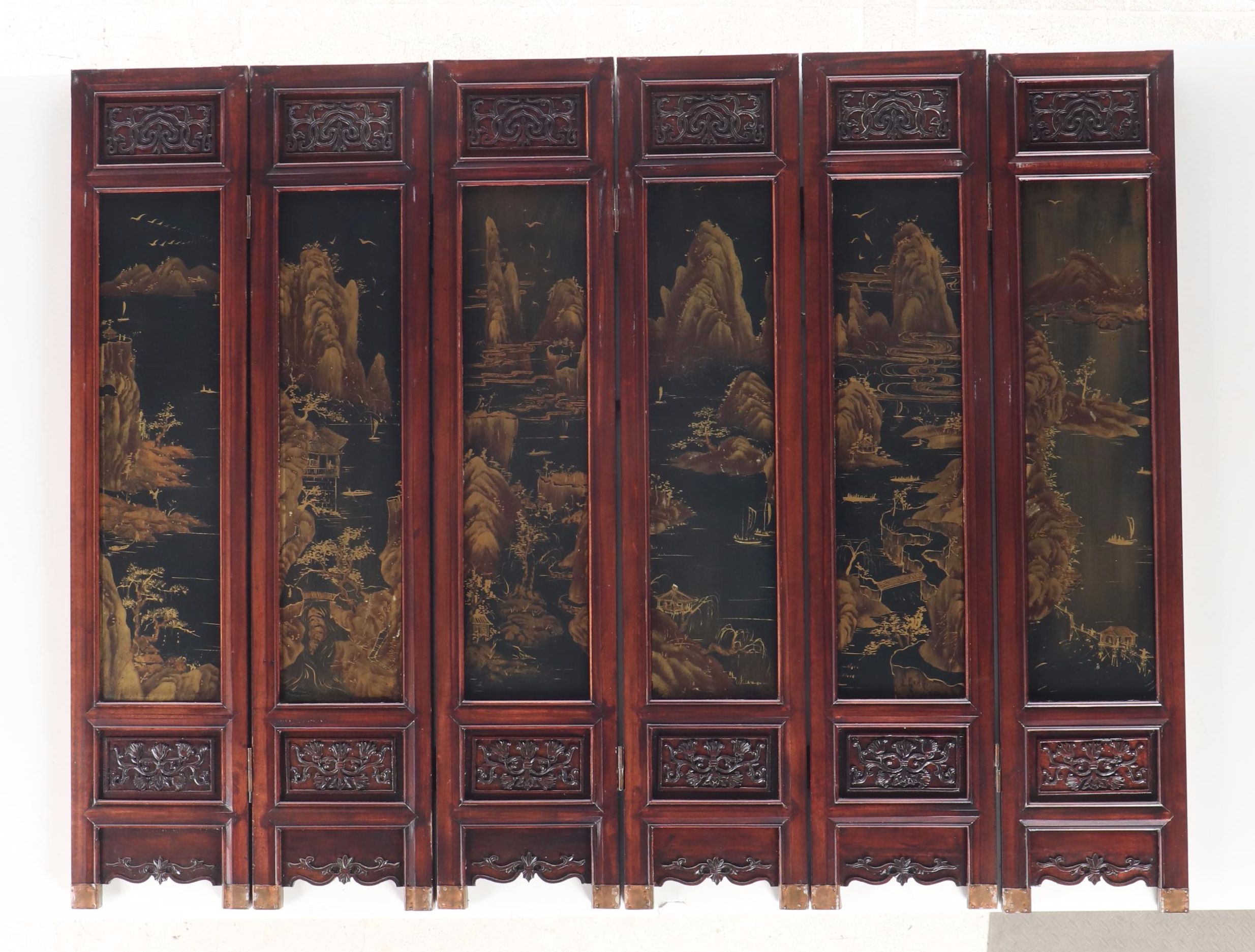 Chinese Hand-Painted Landscape in Carved Wood Six-Panel Folding Screen