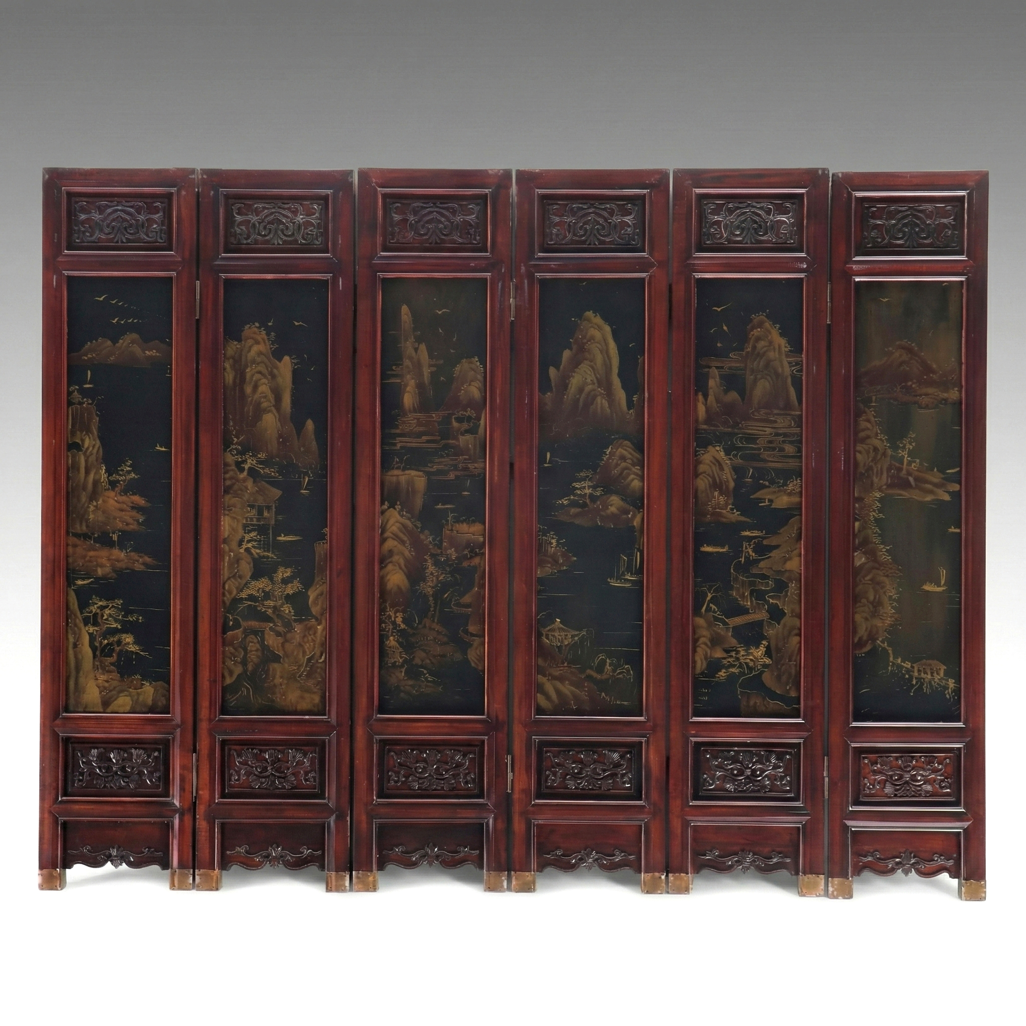 Chinese Hand-Painted Landscape in Carved Wood Six-Panel Folding Screen