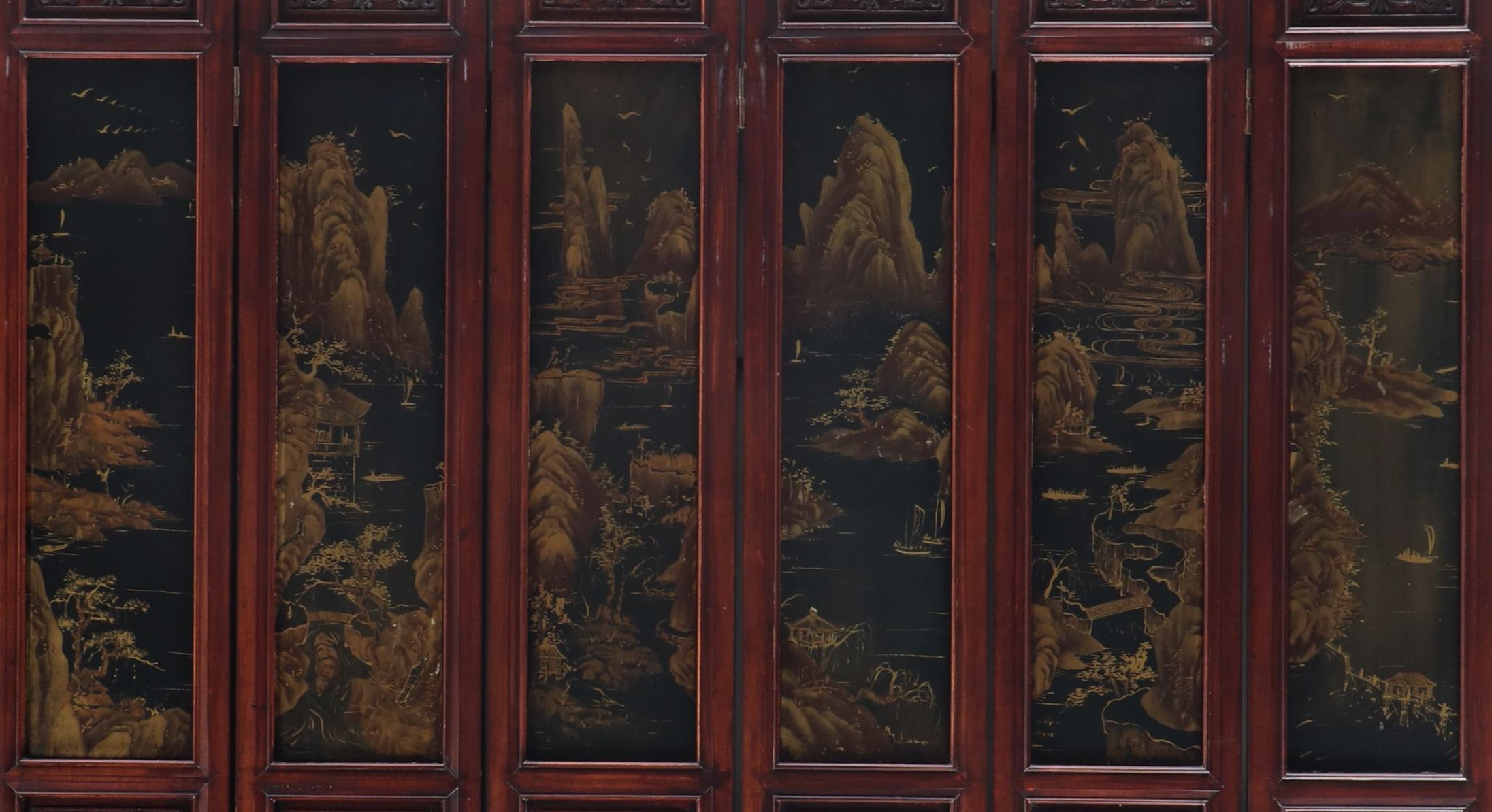 Chinese Hand-Painted Landscape in Carved Wood Six-Panel Folding Screen