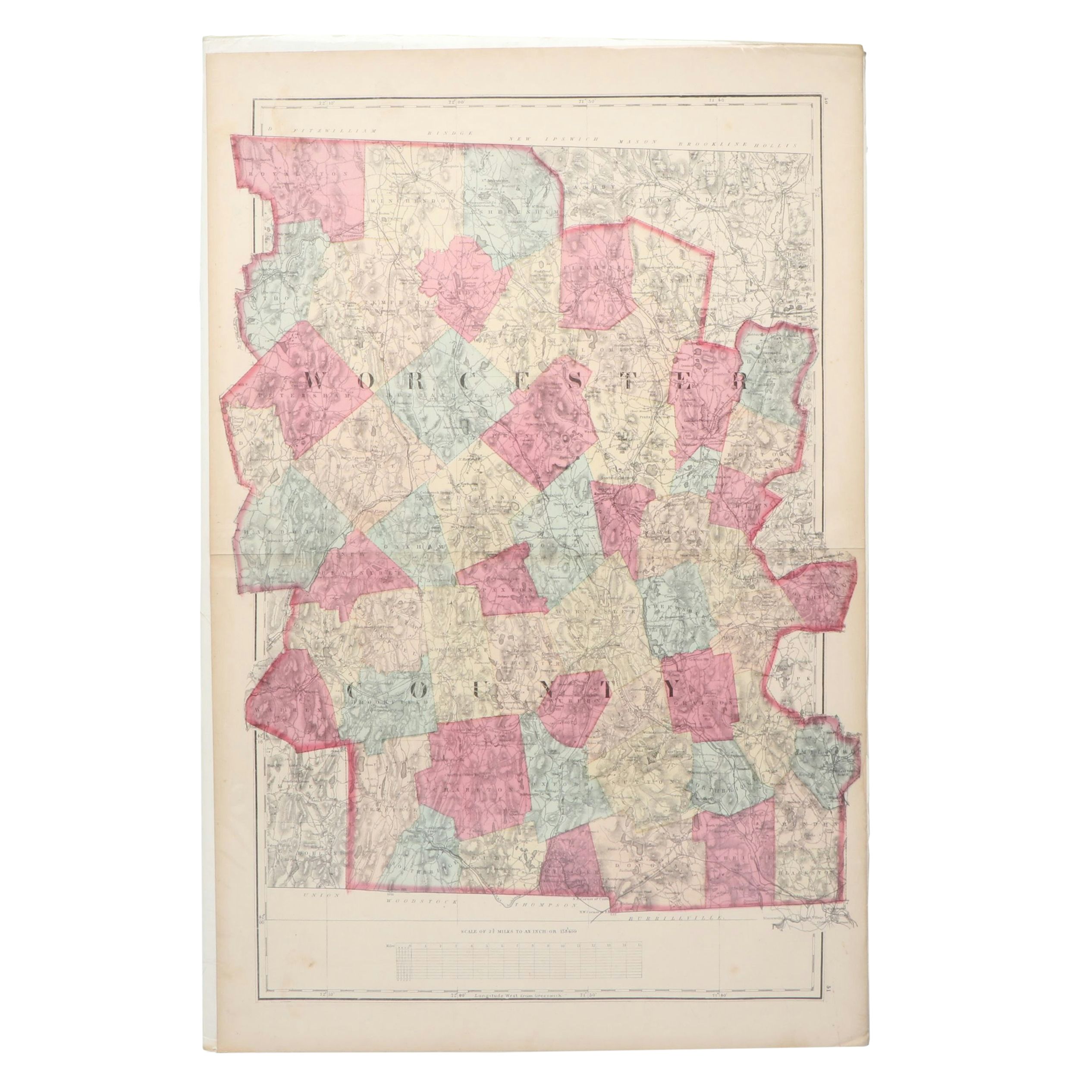 "Worcester County" Massachusetts Hand-Colored Topographical Map, 1871