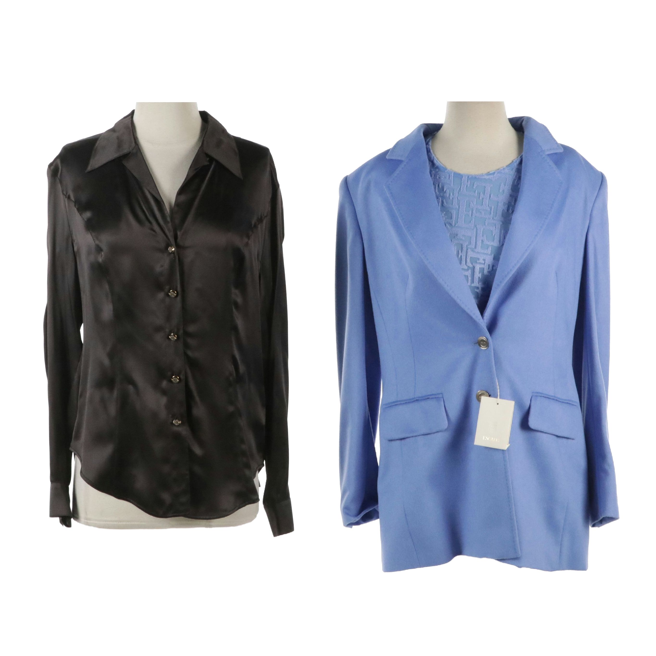 Escada Rabbit Fur/Wool Blue Blazer, Blue Logo Tee, and Black Silk Blouse