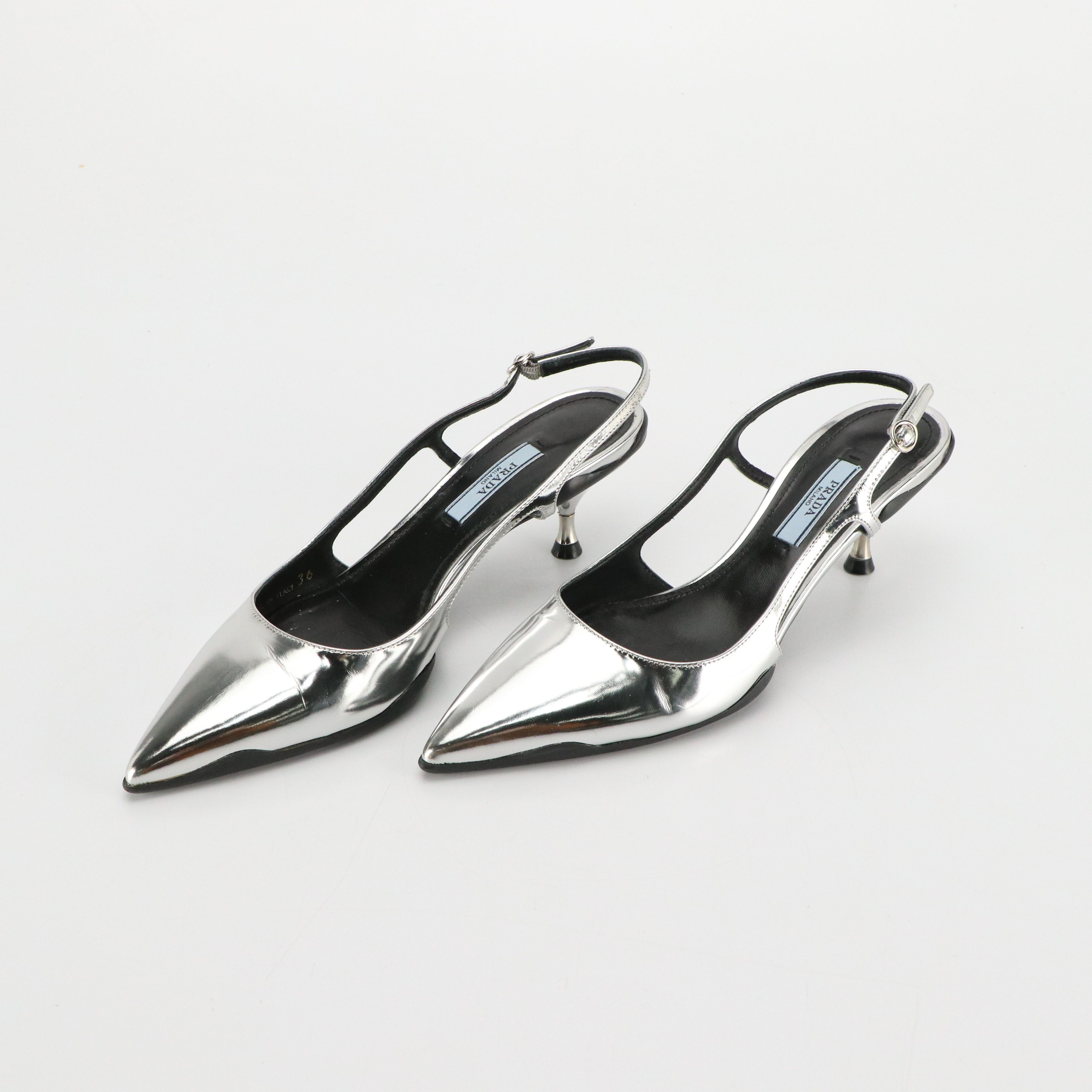 Prada Slingback Kitten Heels in Smooth Silver Metallic Leather