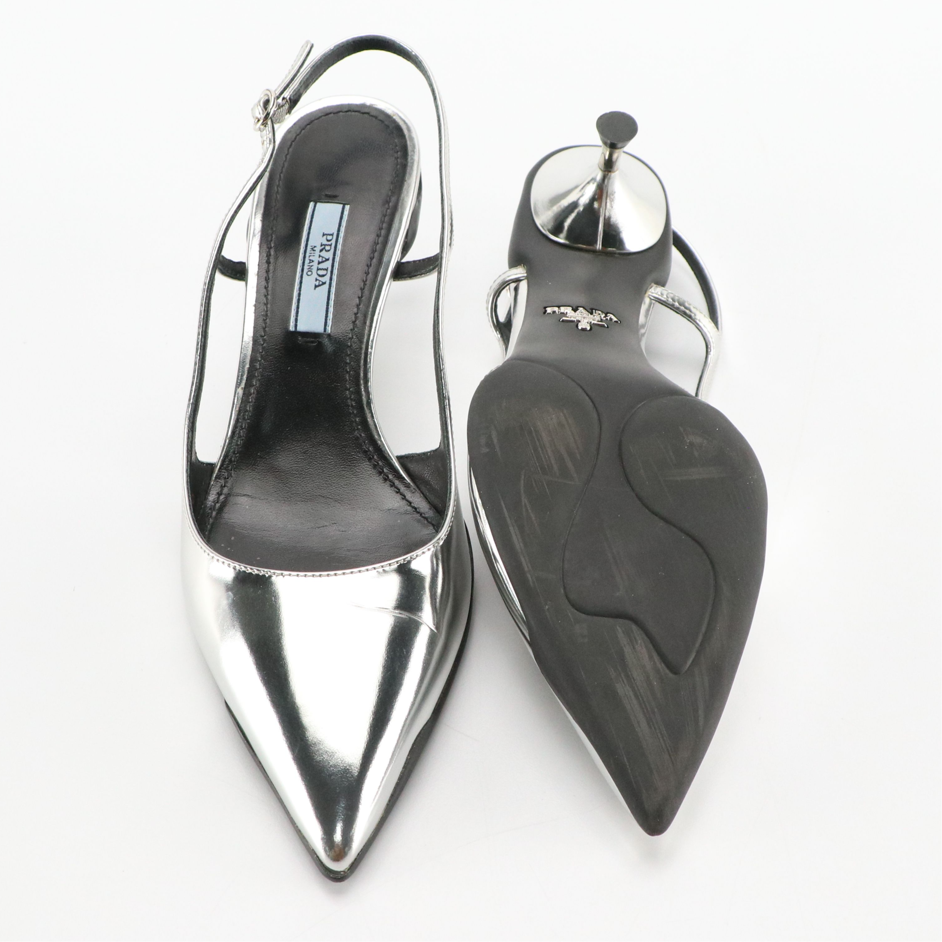 Prada Slingback Kitten Heels in Smooth Silver Metallic Leather