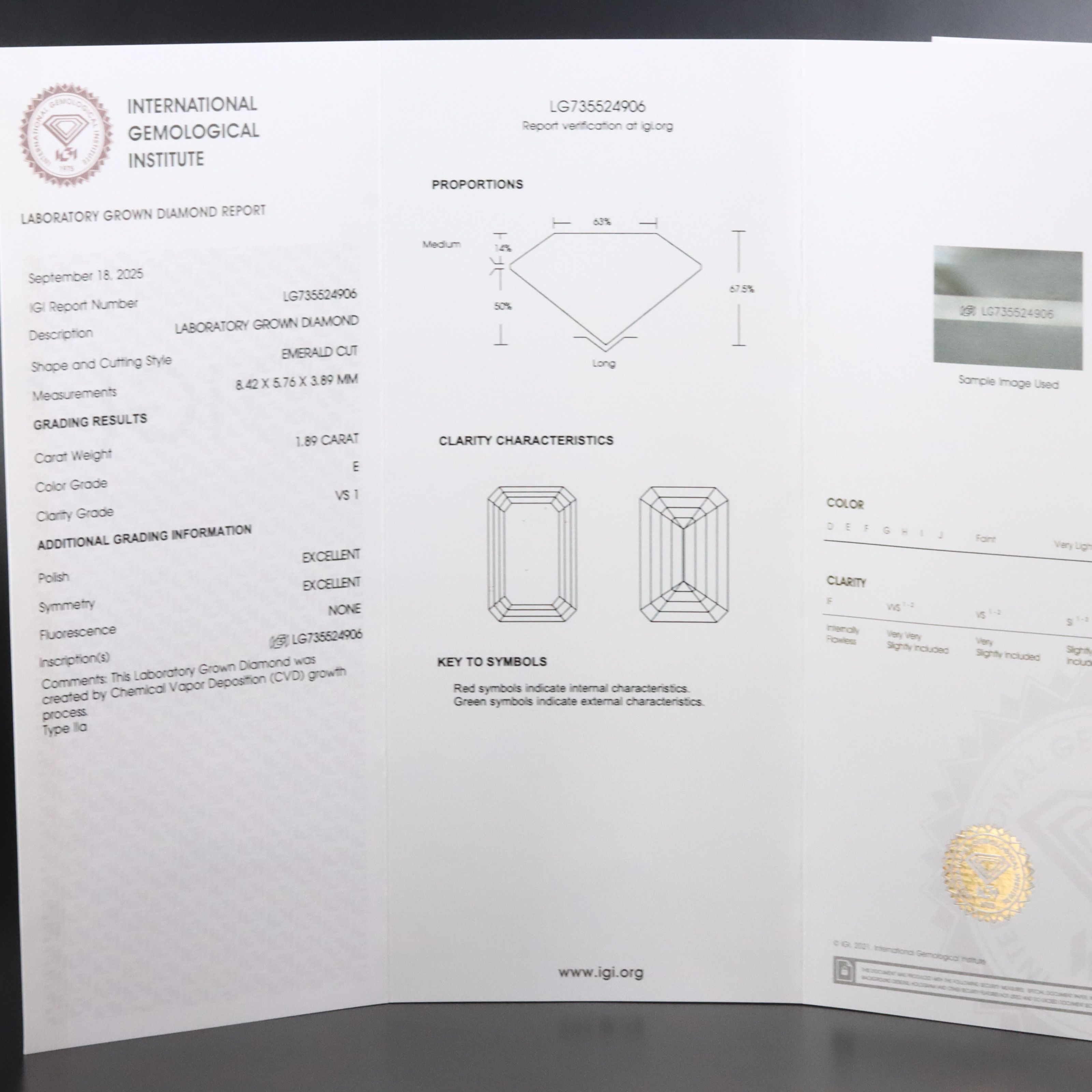 Loose 1.89 CT Lab Grown Diamond with IGI Report
