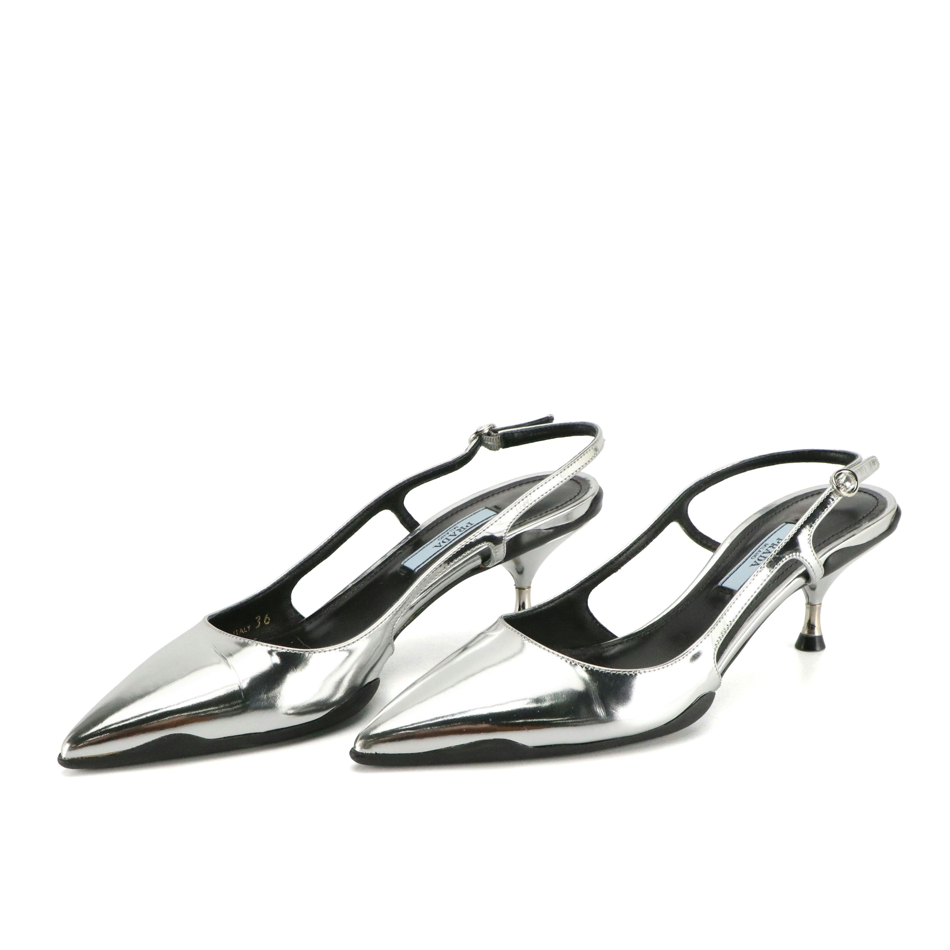 Prada Slingback Kitten Heels in Smooth Silver Metallic Leather