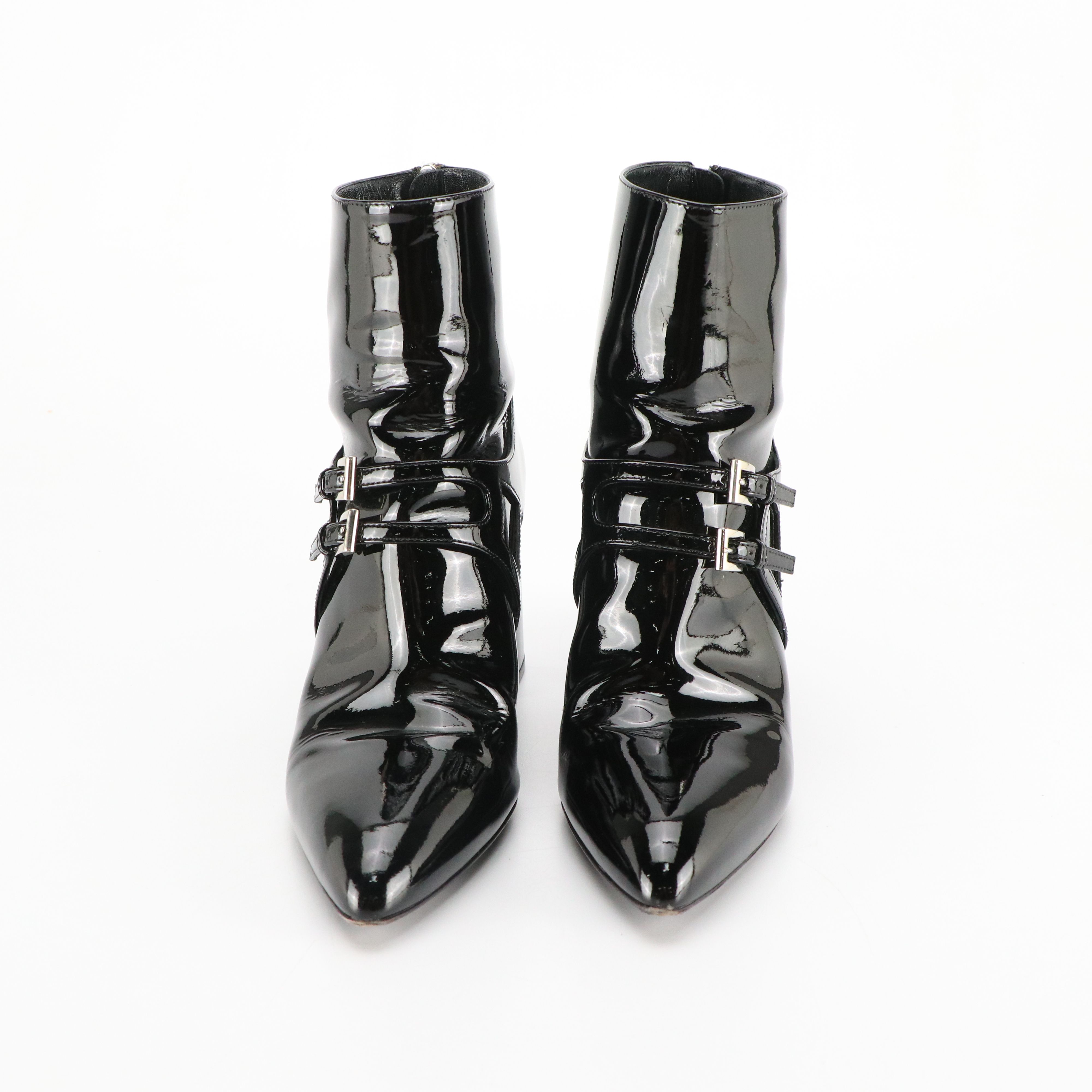 Prada Buckle-Detailed Block Heel Booties Boots in Shiny Black Patent Leather