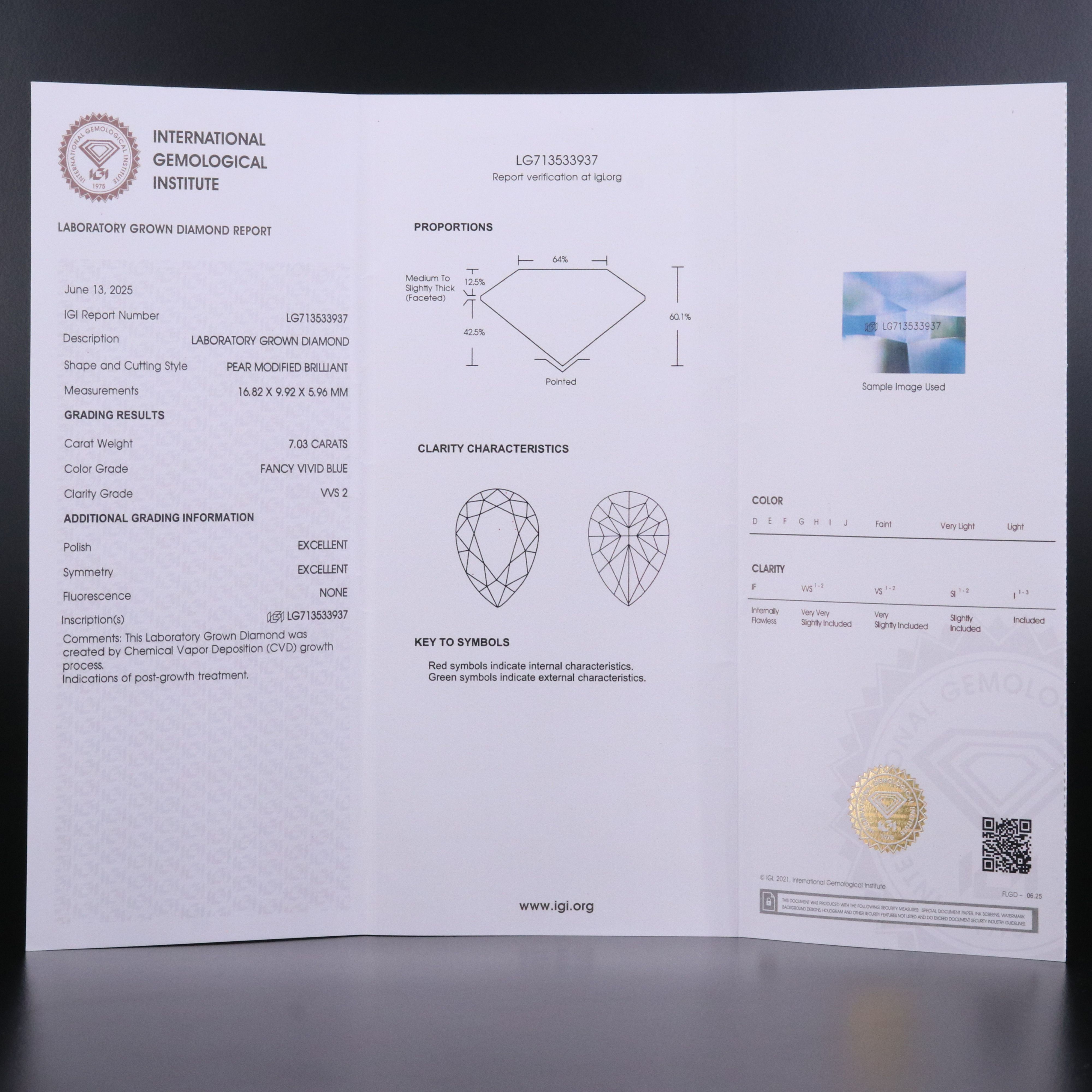 18K 7.03 CT Lab Grown Fancy Blue Diamond Solitaire Ring with IGI Report