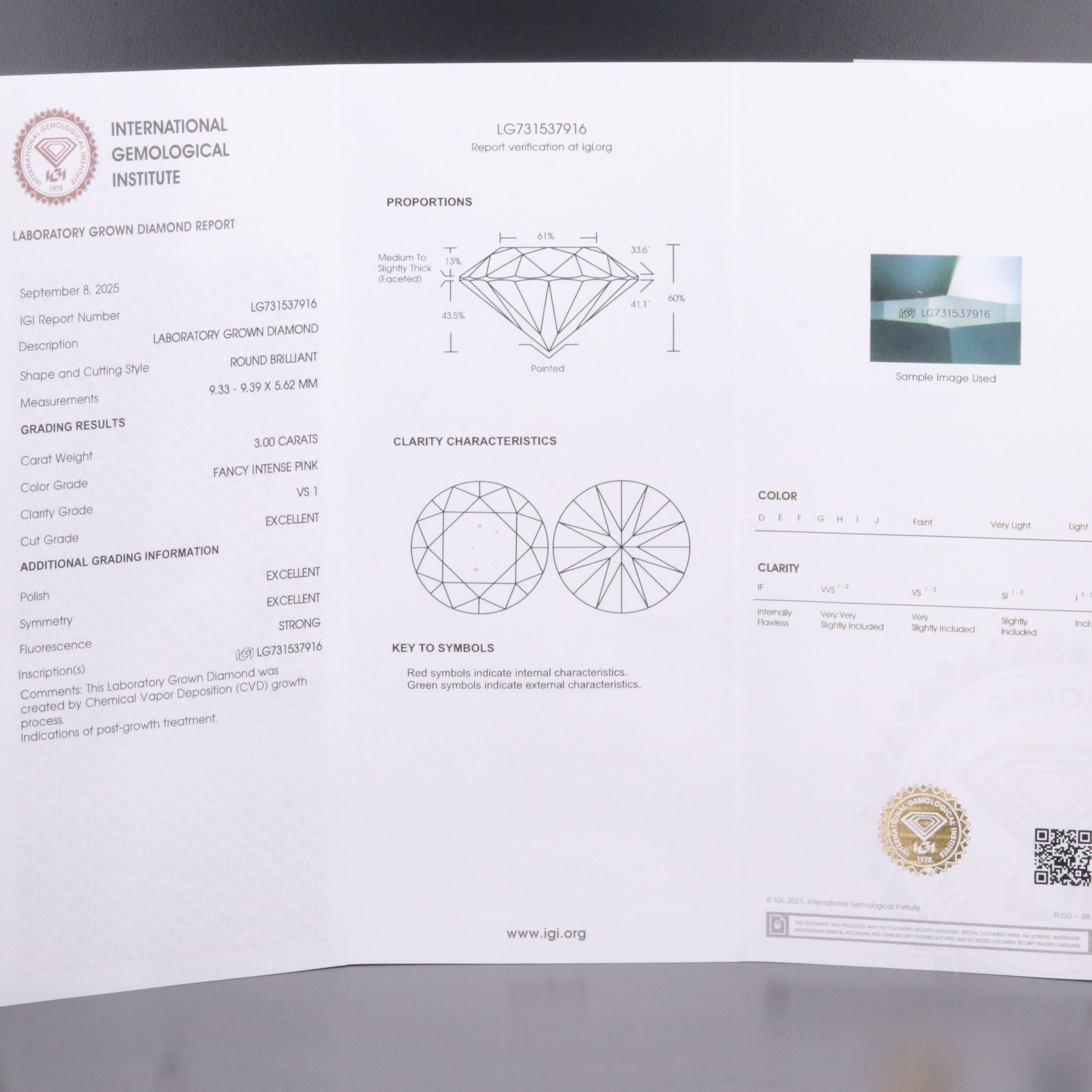Loose 3.00 CT Lab Grown Fancy Intense Pink Diamond with IGI Report