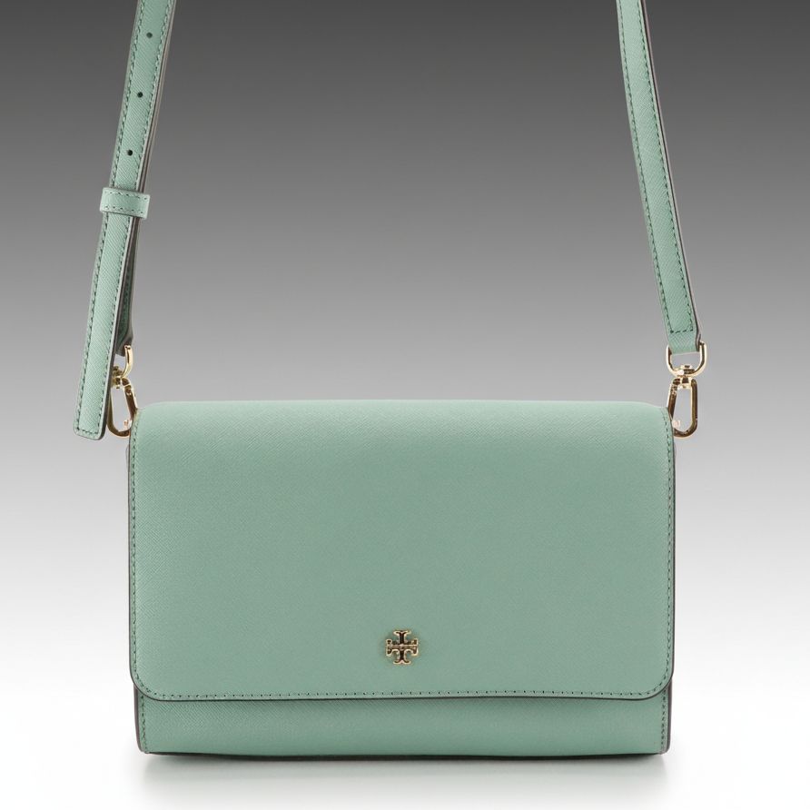 Tory Burch Emerson Combo Crossbody Bag in Minty Green Textured Leather