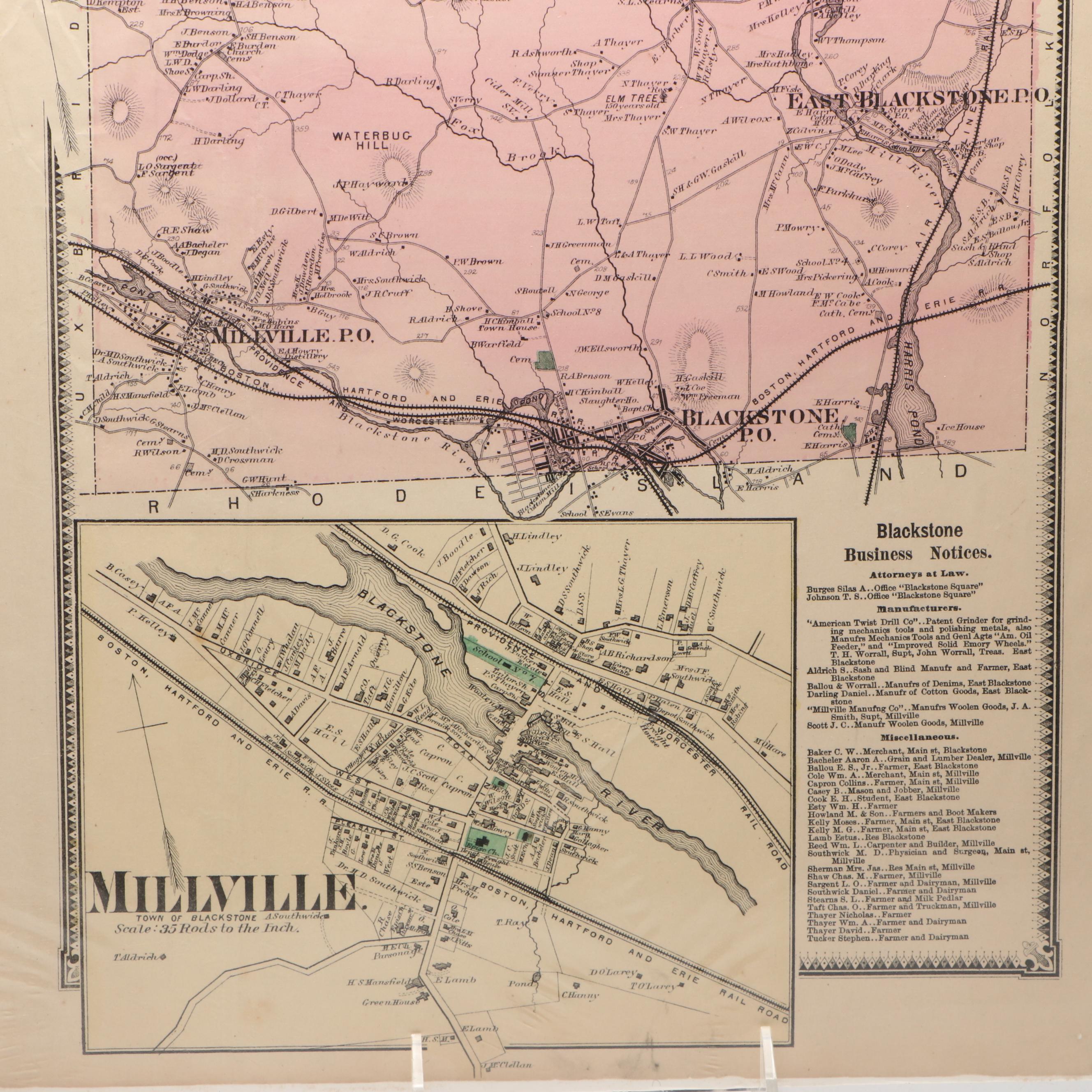 Hand-Colored Engraved Worcester County Massachusetts Maps, 1870