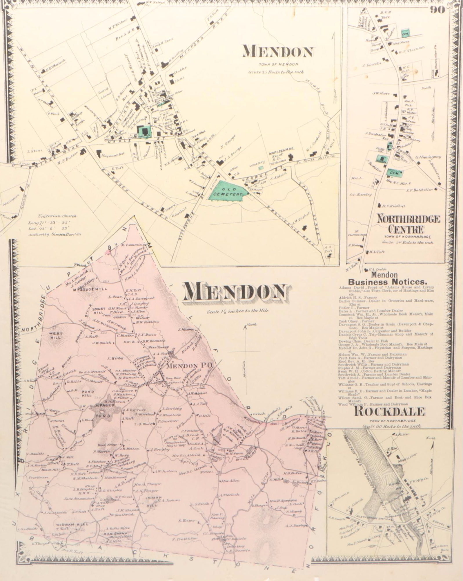 Hand-Colored Engraved Worcester County Massachusetts Maps, 1870