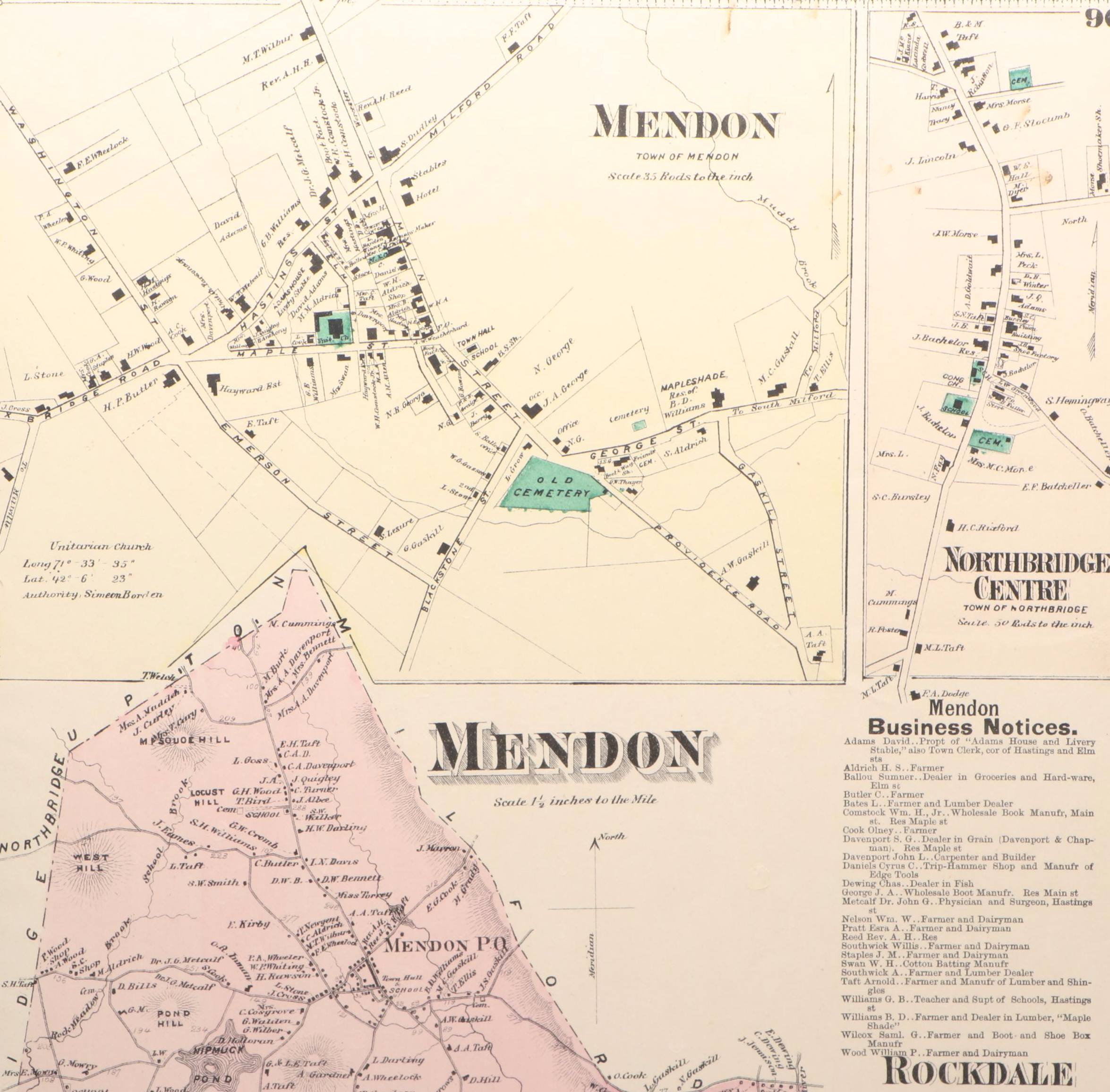 Hand-Colored Engraved Worcester County Massachusetts Maps, 1870