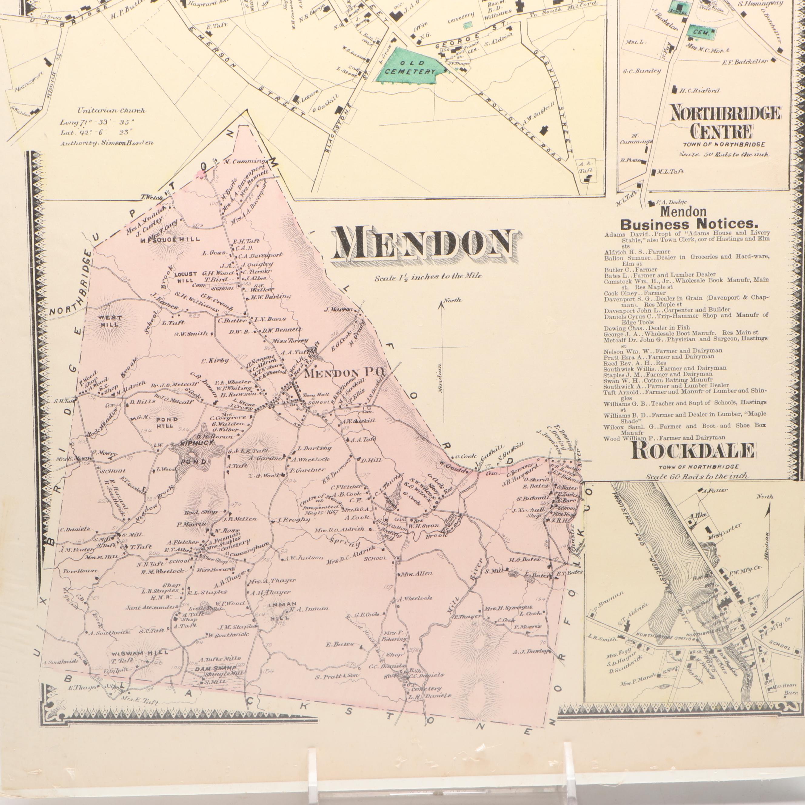 Hand-Colored Engraved Worcester County Massachusetts Maps, 1870