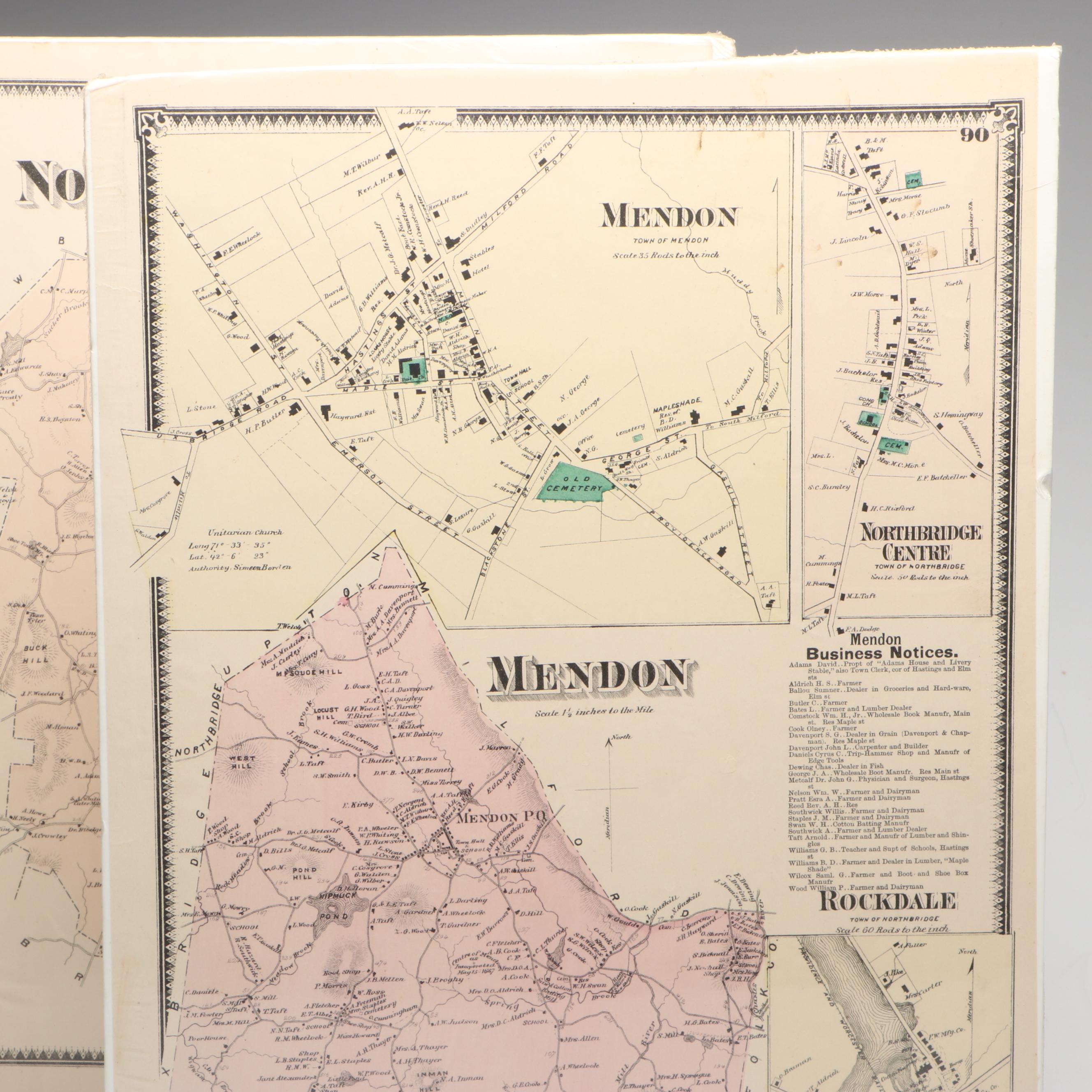 Hand-Colored Engraved Worcester County Massachusetts Maps, 1870