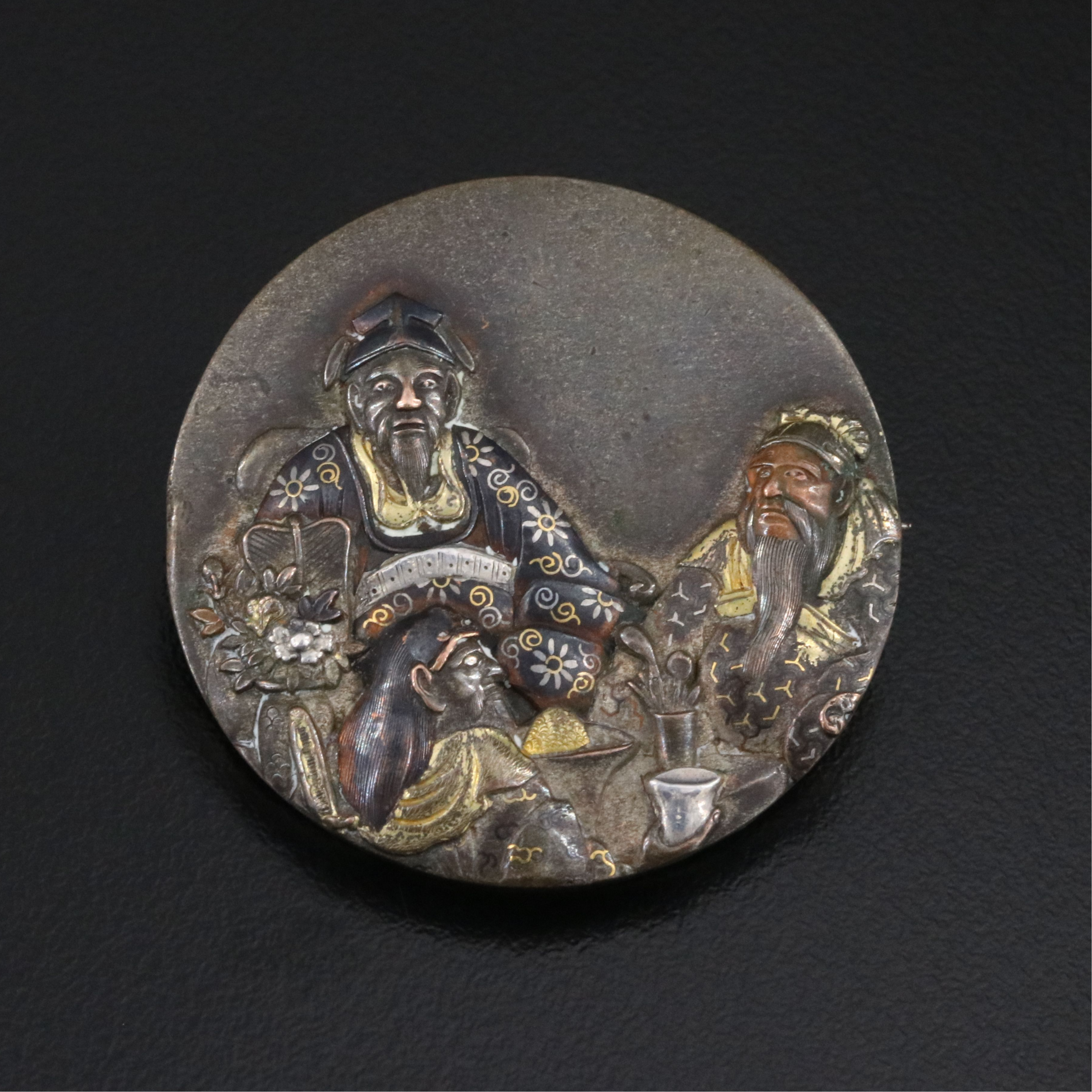 Japanese Meiji Period Shakudō and 900 Silver Emperor and Advisors Brooch