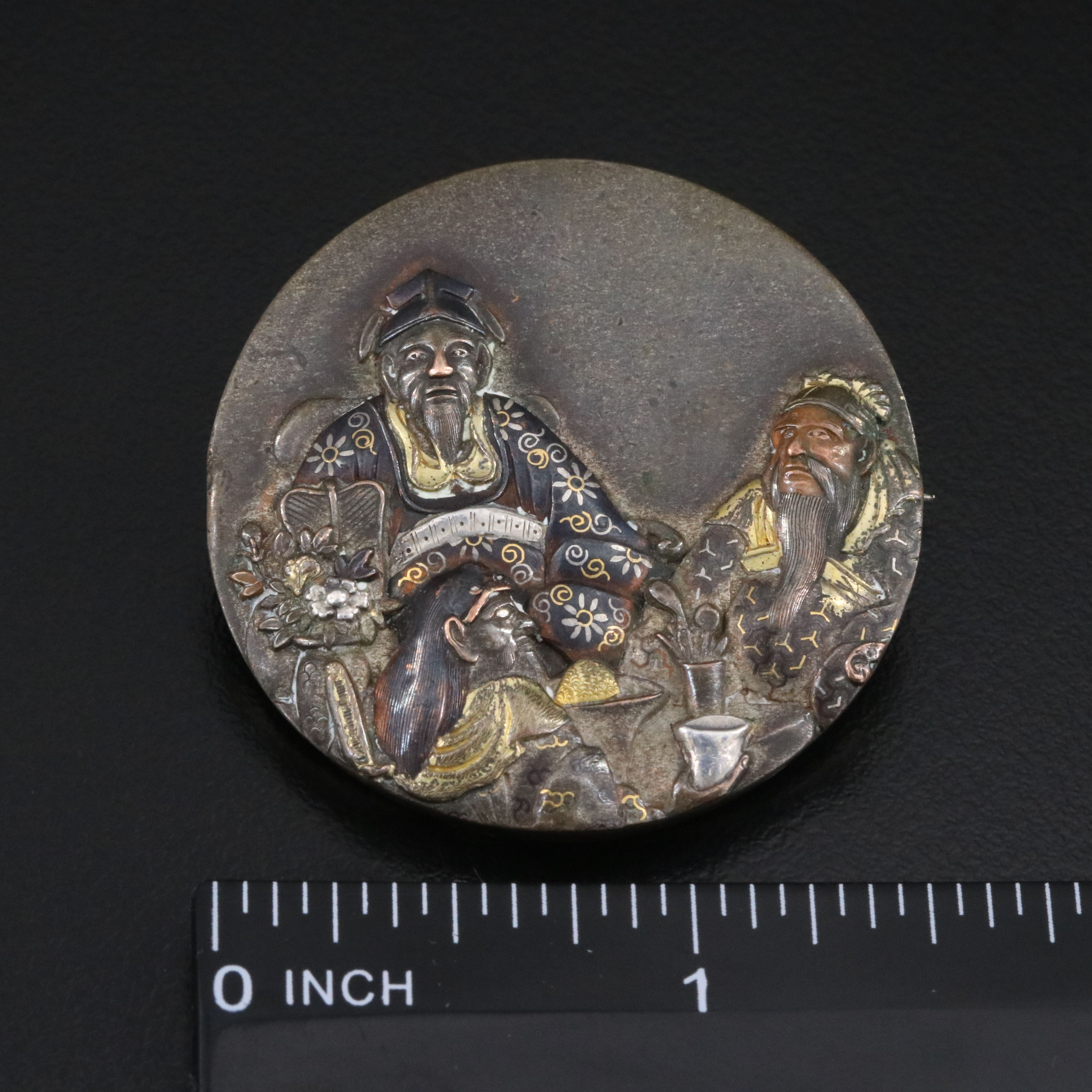 Japanese Meiji Period Shakudō and 900 Silver Emperor and Advisors Brooch