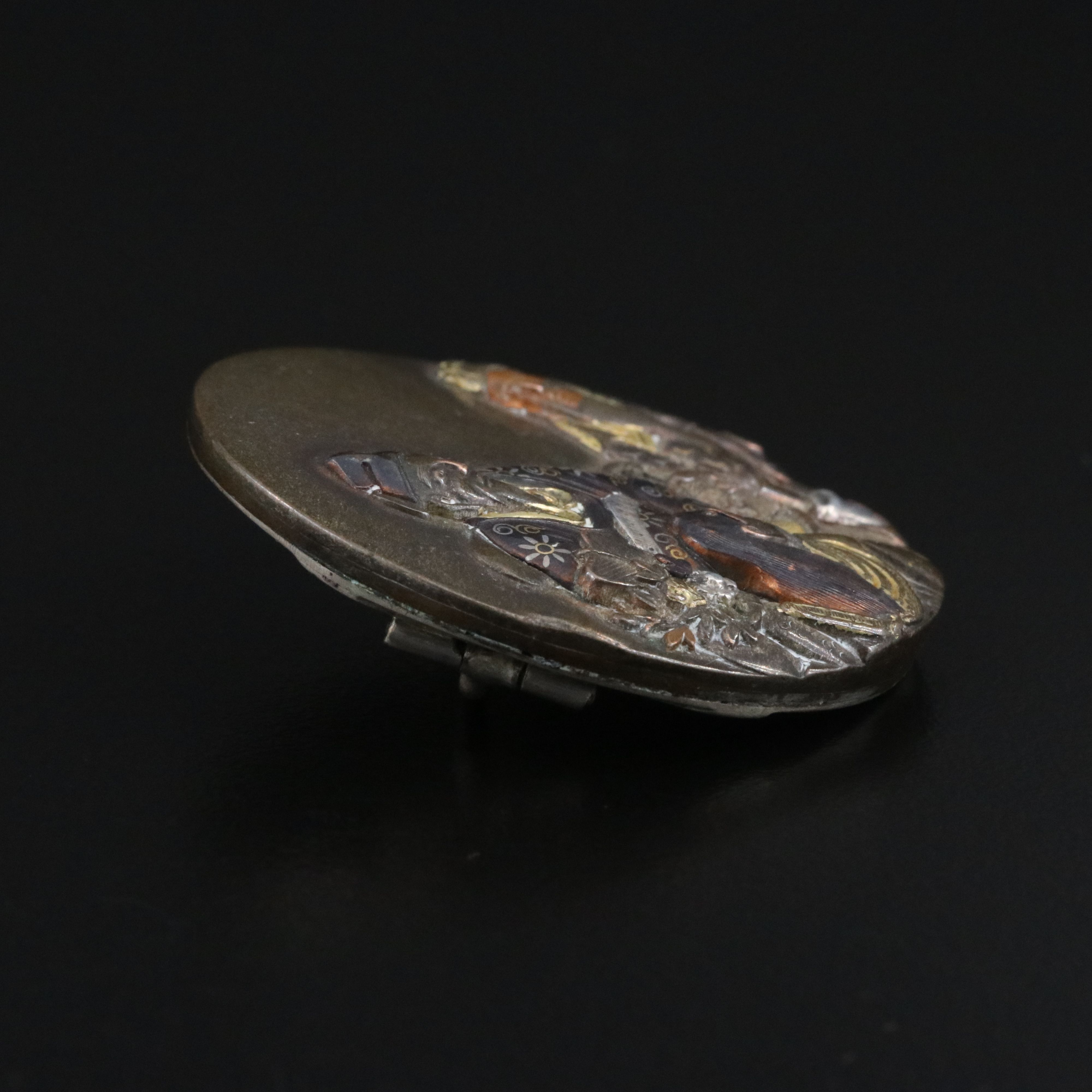 Japanese Meiji Period Shakudō and 900 Silver Emperor and Advisors Brooch