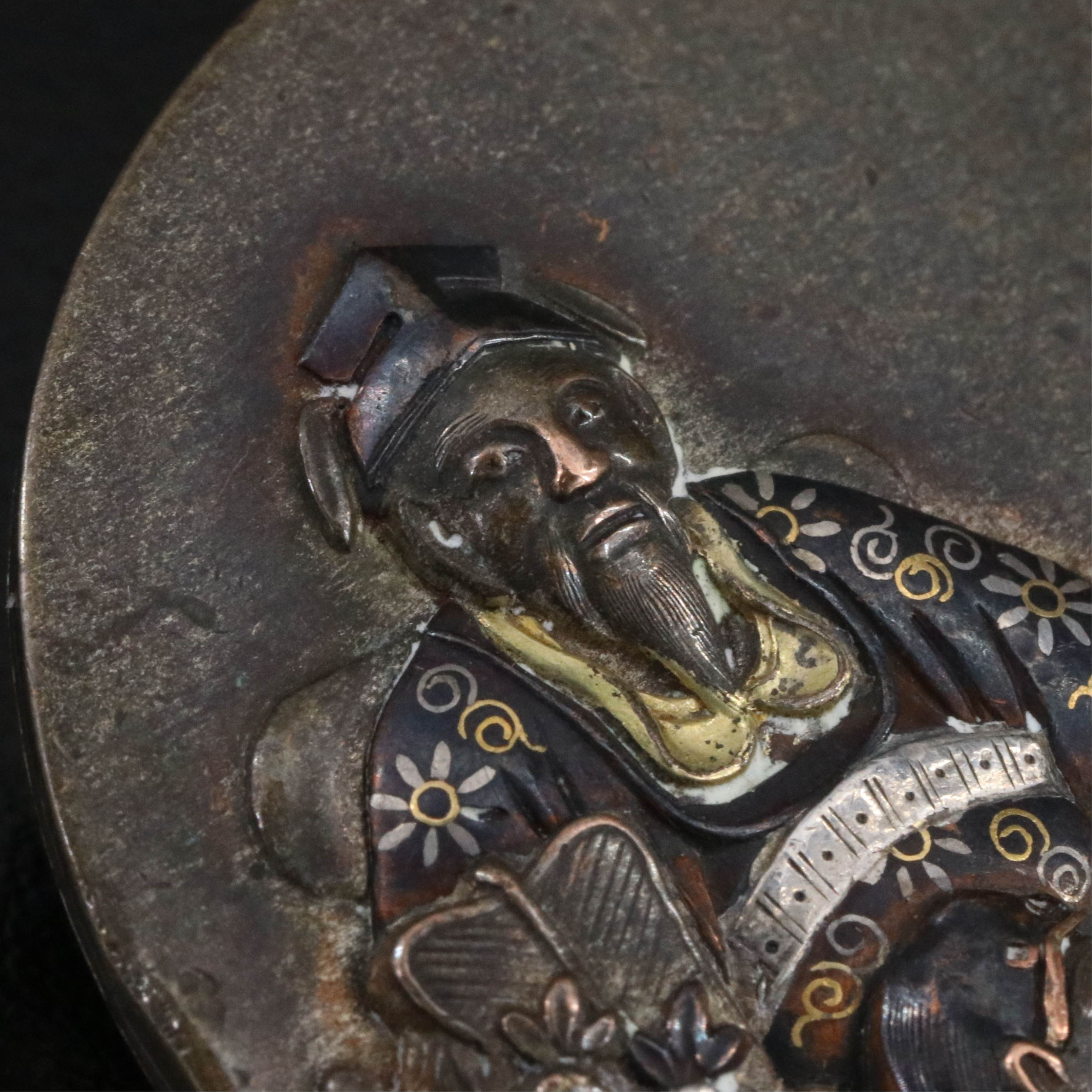 Japanese Meiji Period Shakudō and 900 Silver Emperor and Advisors Brooch