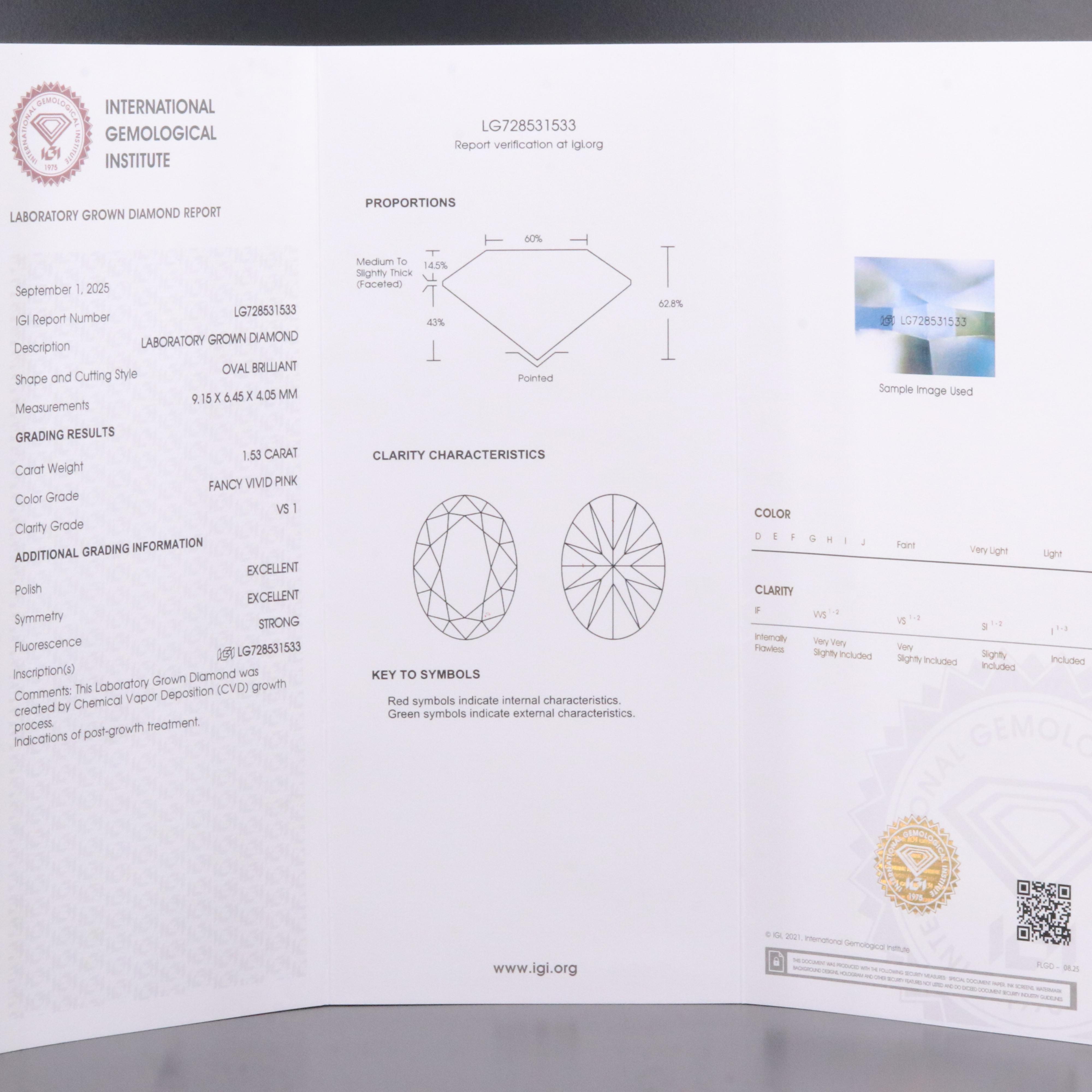 Loose 1.53 CT Lab Grown Fancy Vivid Pink Diamond with IGI Report