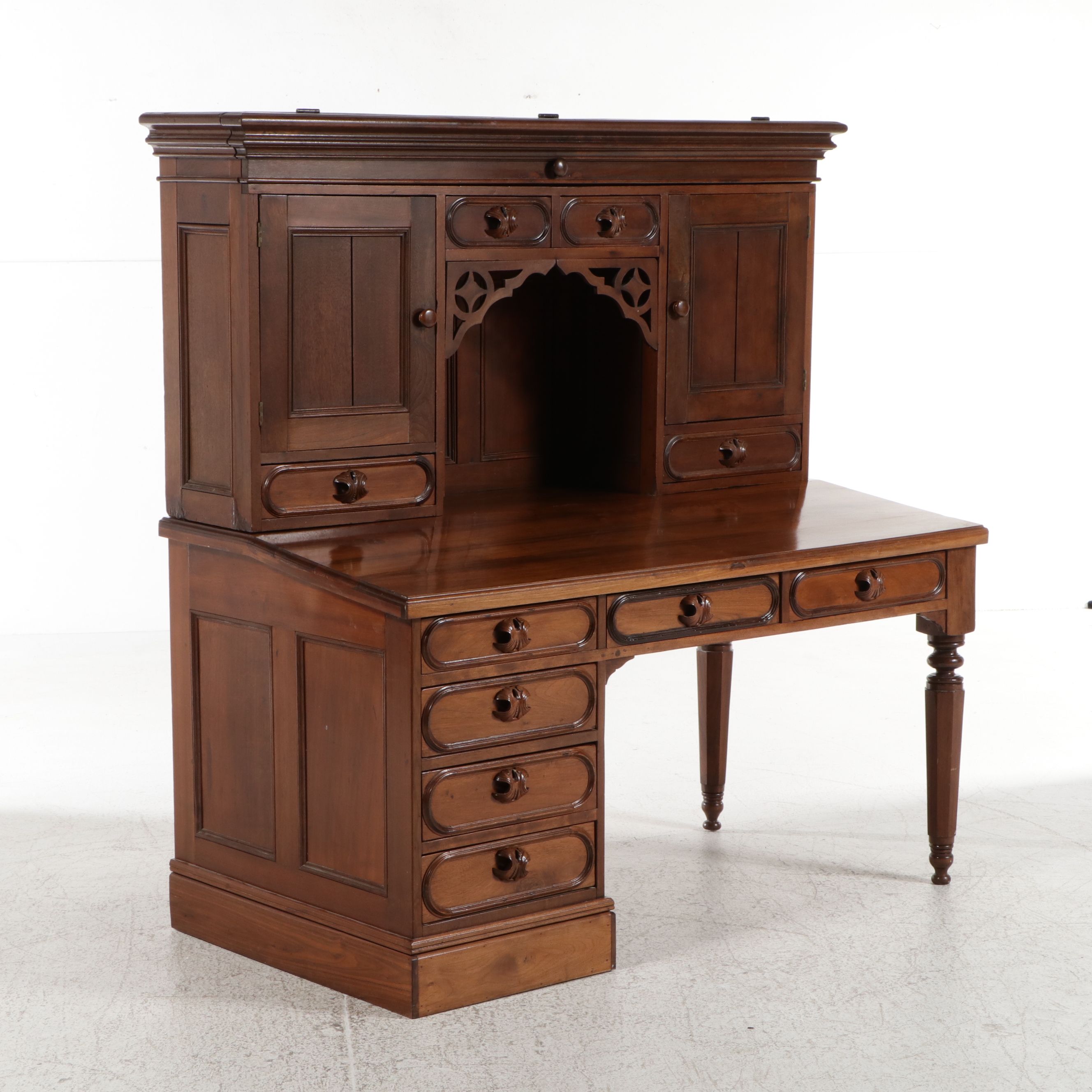 Victorian Gothic Revival Walnut Secretary Desk, Mid to Late 19th Century