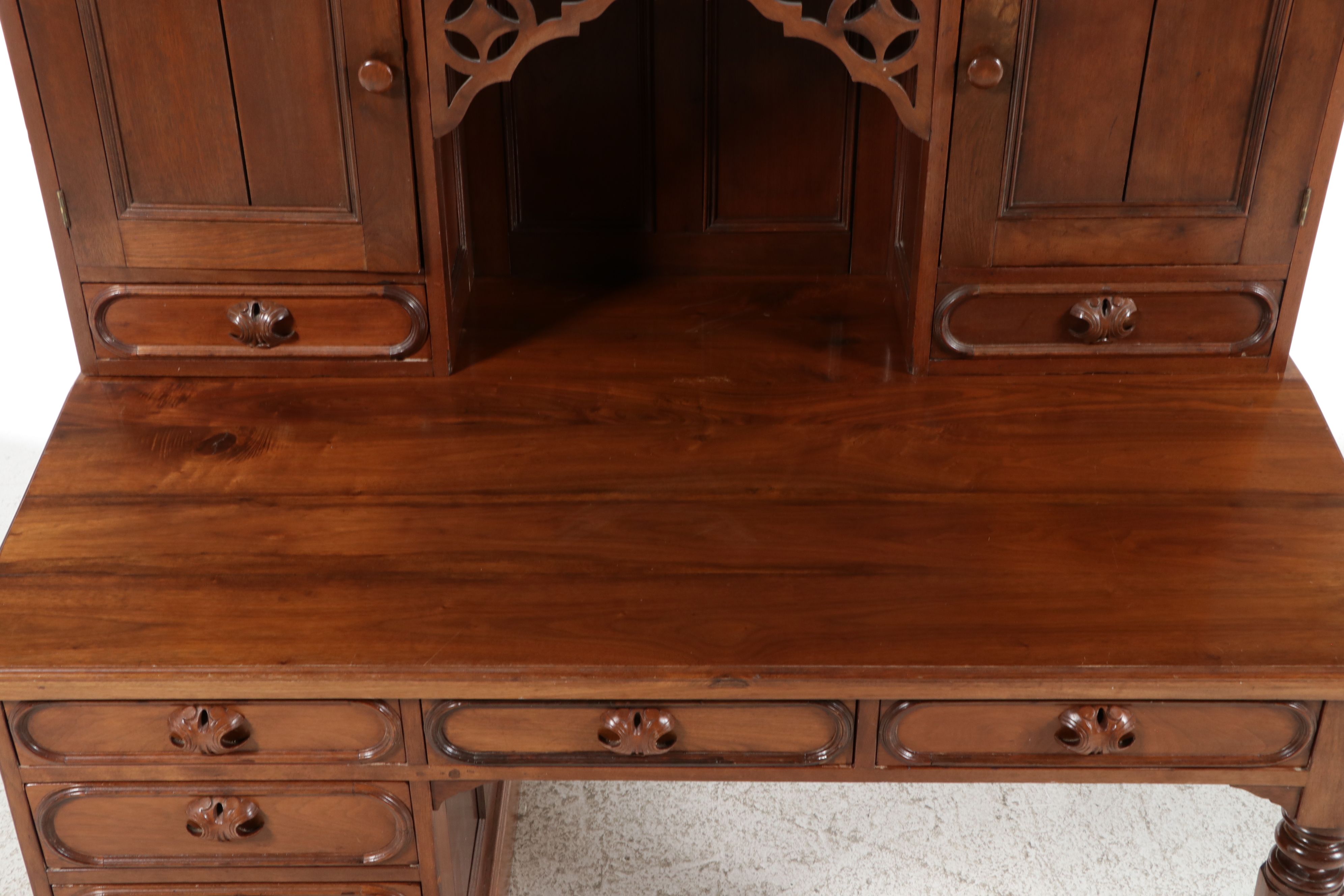 Victorian Gothic Revival Walnut Secretary Desk, Mid to Late 19th Century