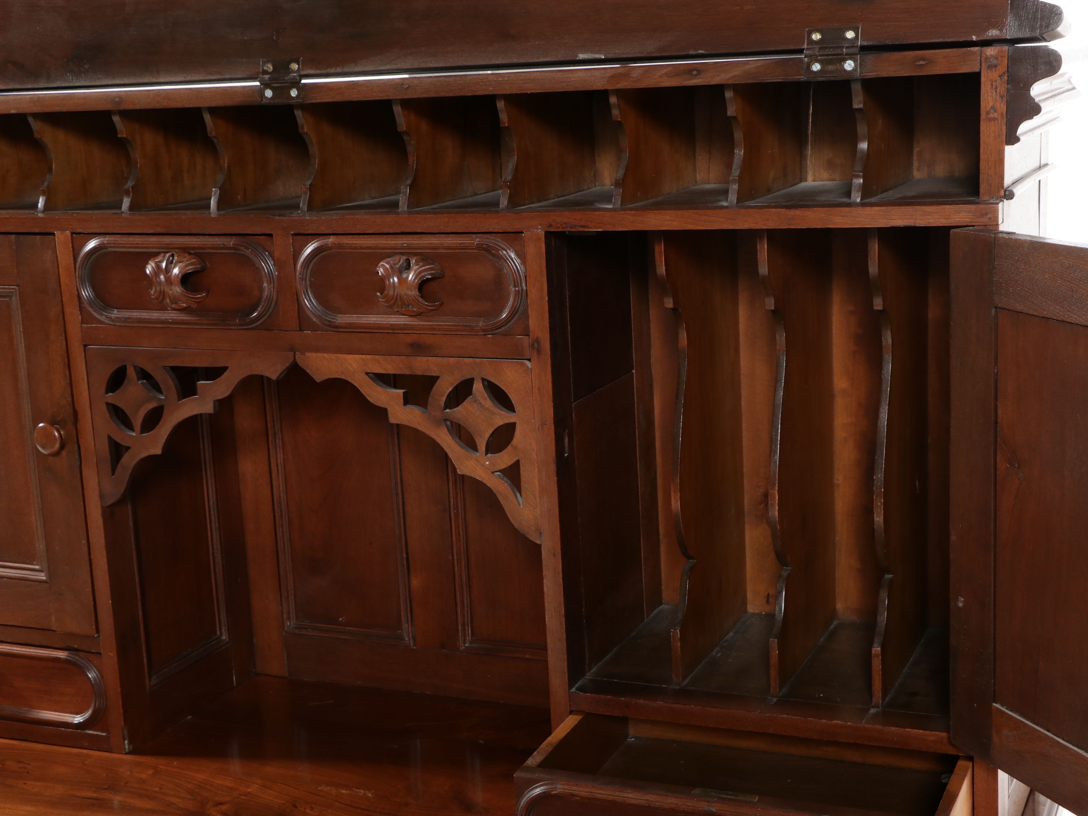 Victorian Gothic Revival Walnut Secretary Desk, Mid to Late 19th Century