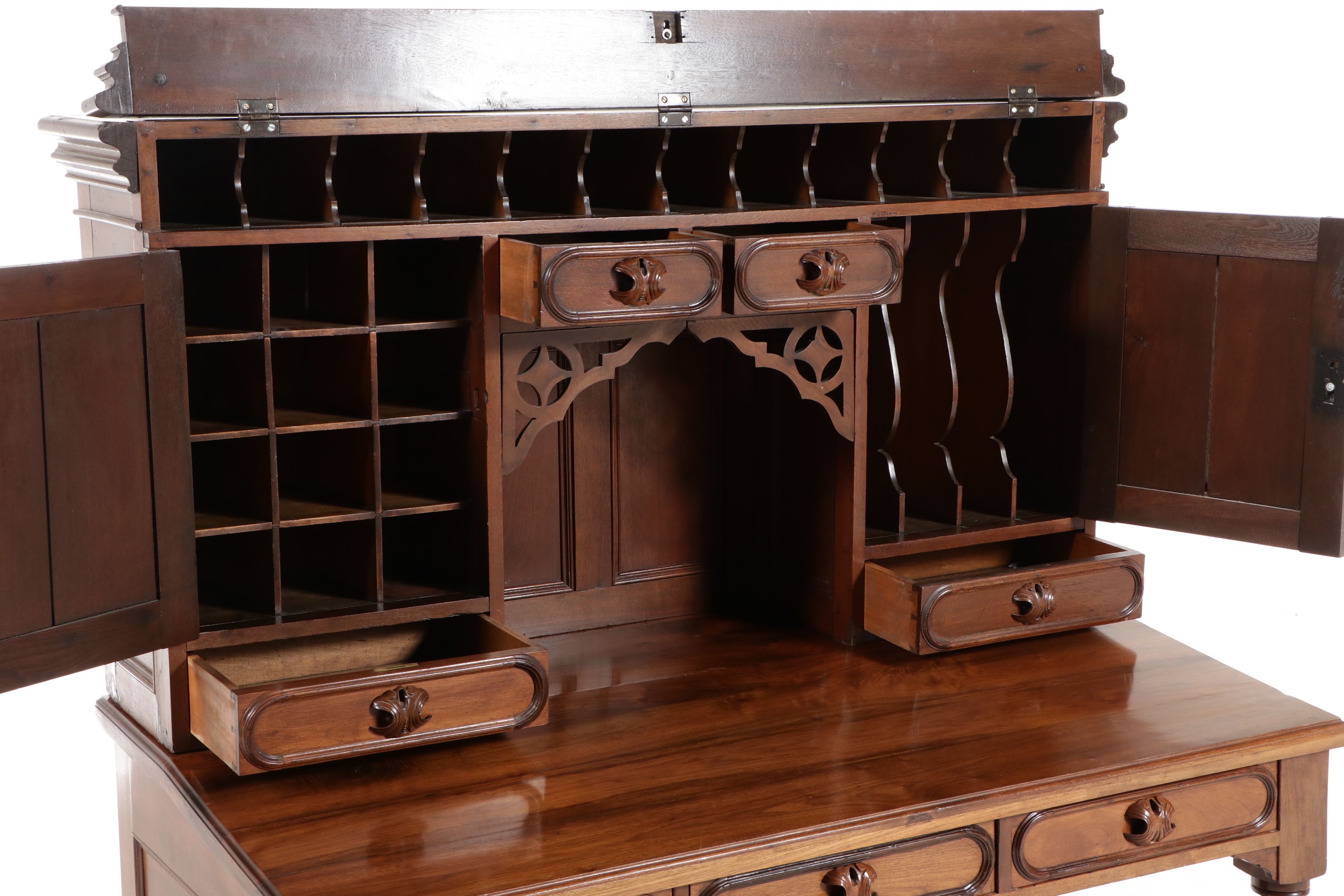 Victorian Gothic Revival Walnut Secretary Desk, Mid to Late 19th Century