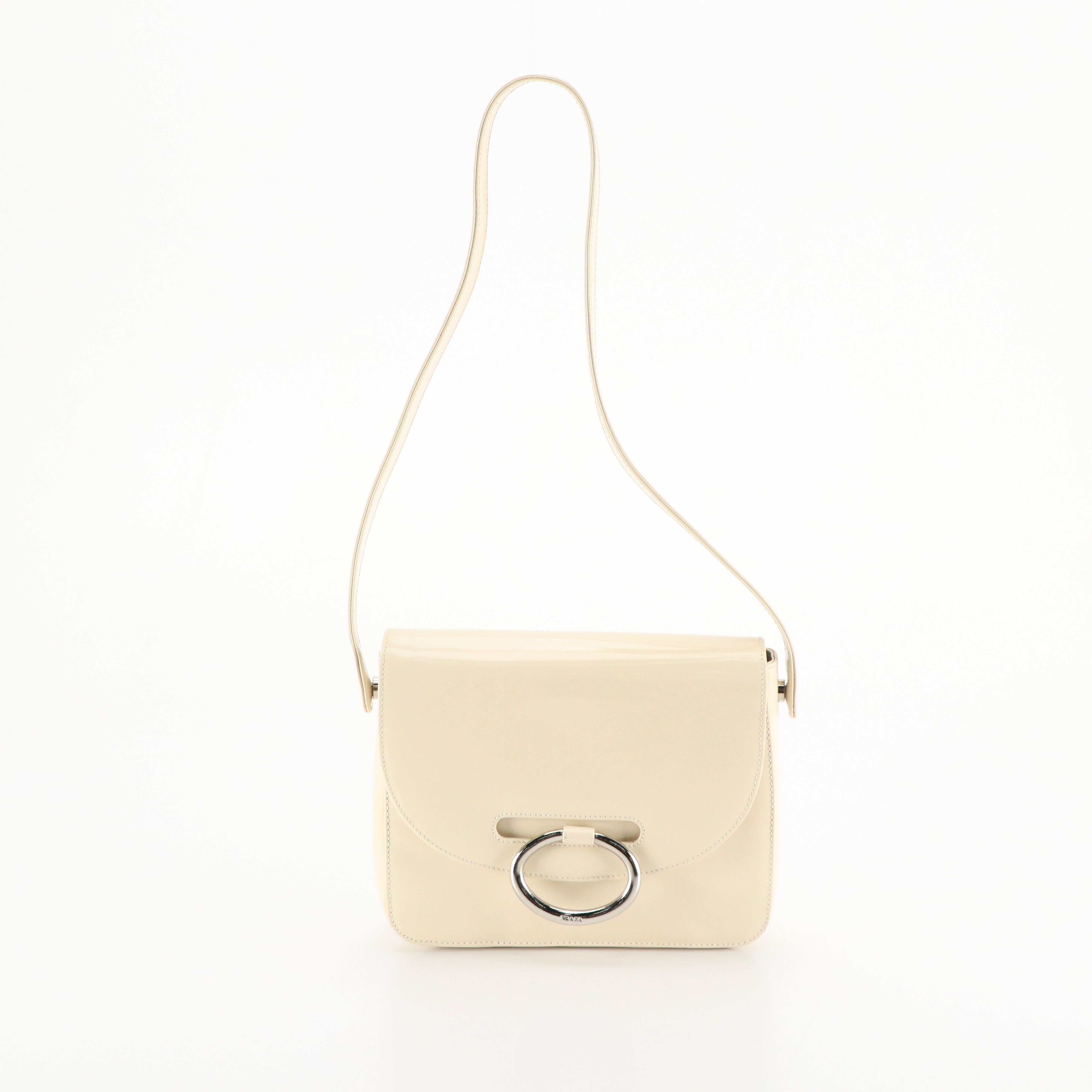 Prada Small Ring-Flap Shoulder Bag in Ivory Patent Leather