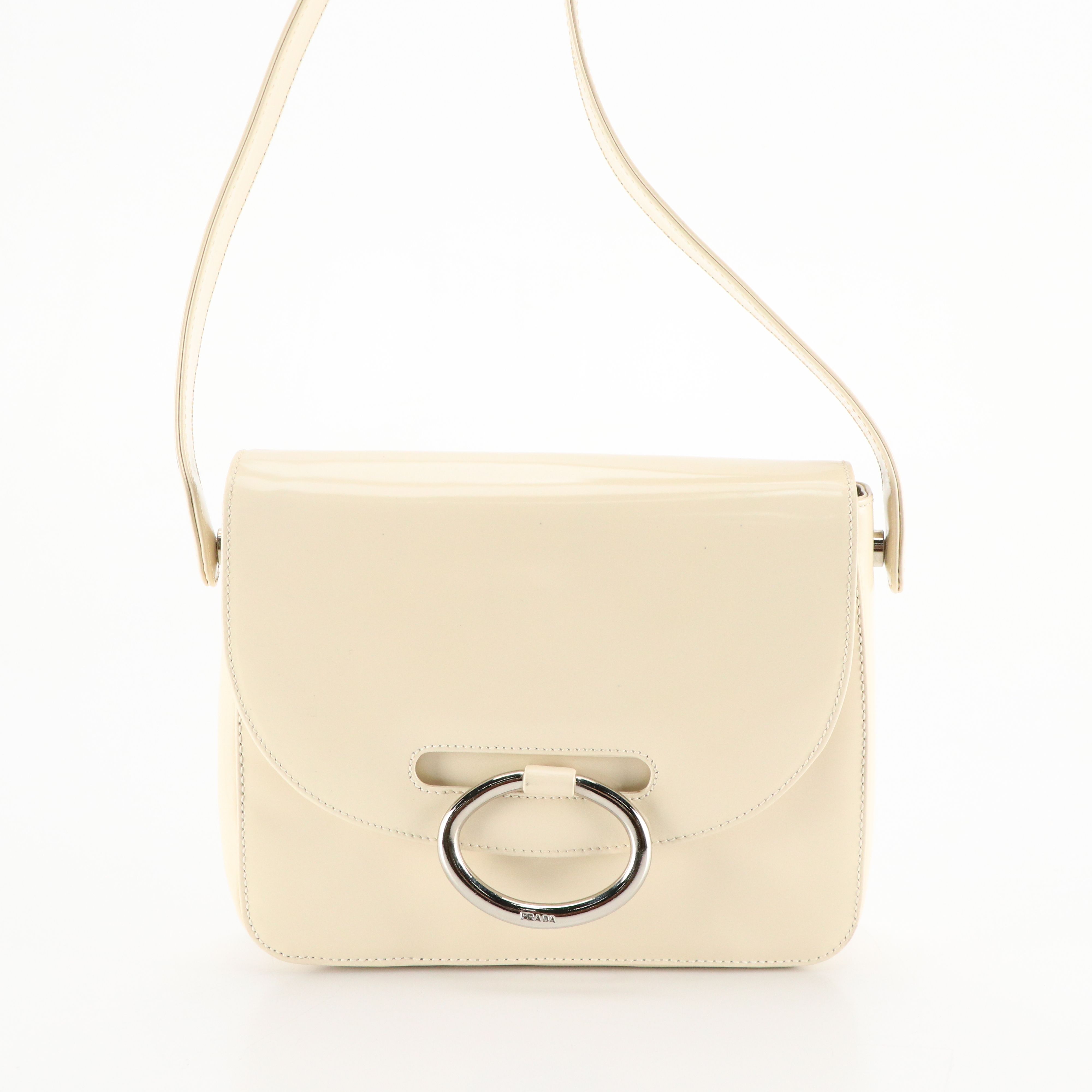 Prada Small Ring-Flap Shoulder Bag in Ivory Patent Leather
