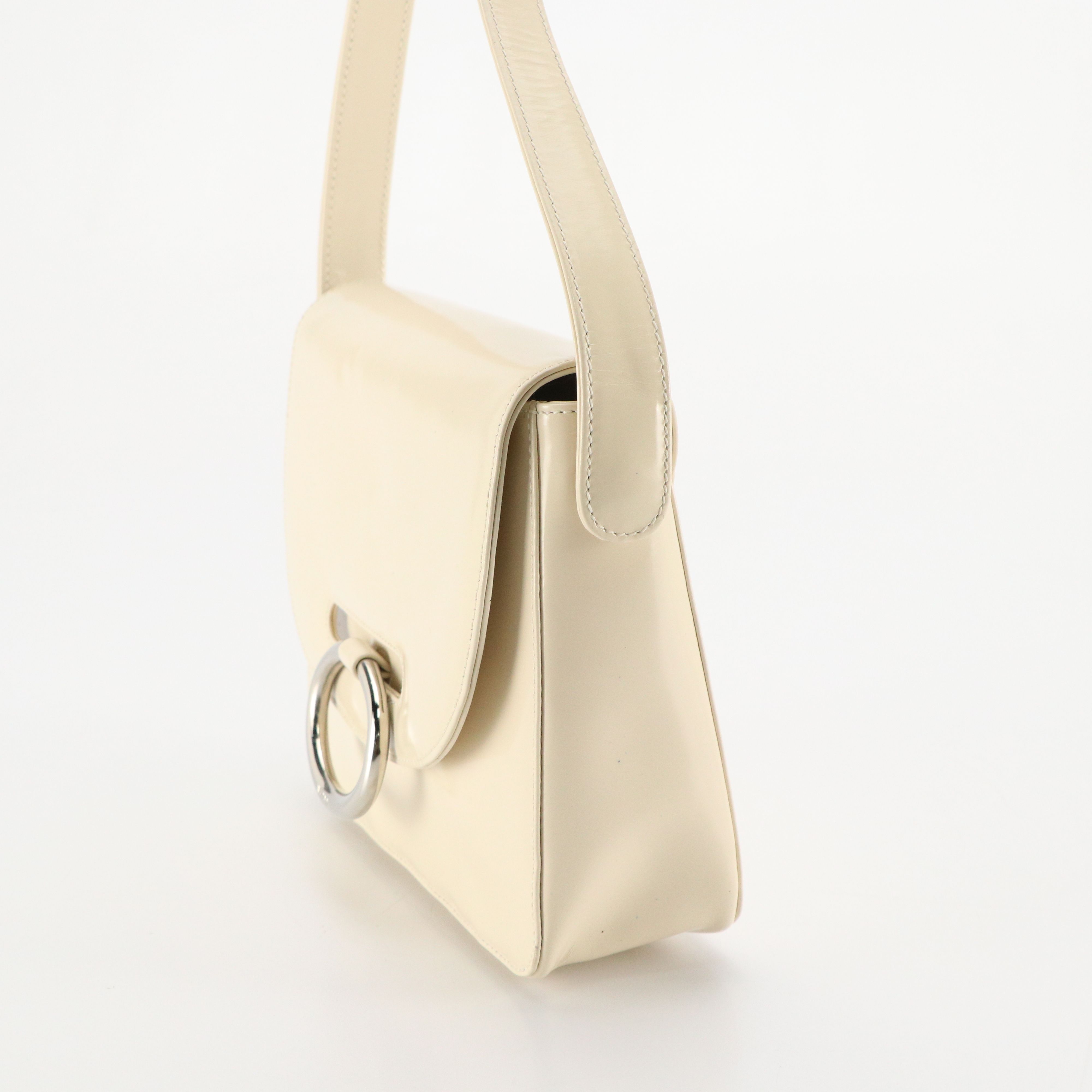 Prada Small Ring-Flap Shoulder Bag in Ivory Patent Leather
