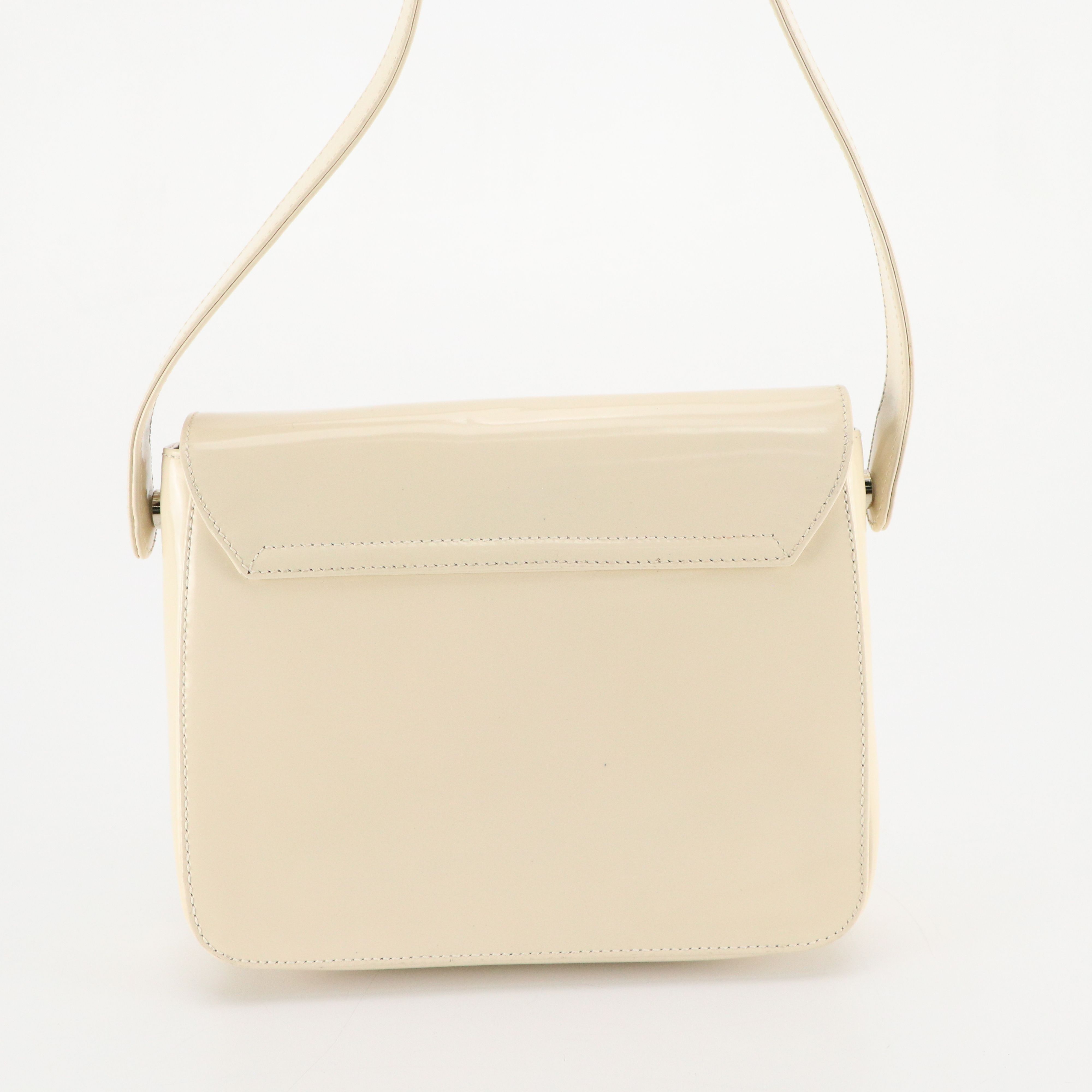 Prada Small Ring-Flap Shoulder Bag in Ivory Patent Leather