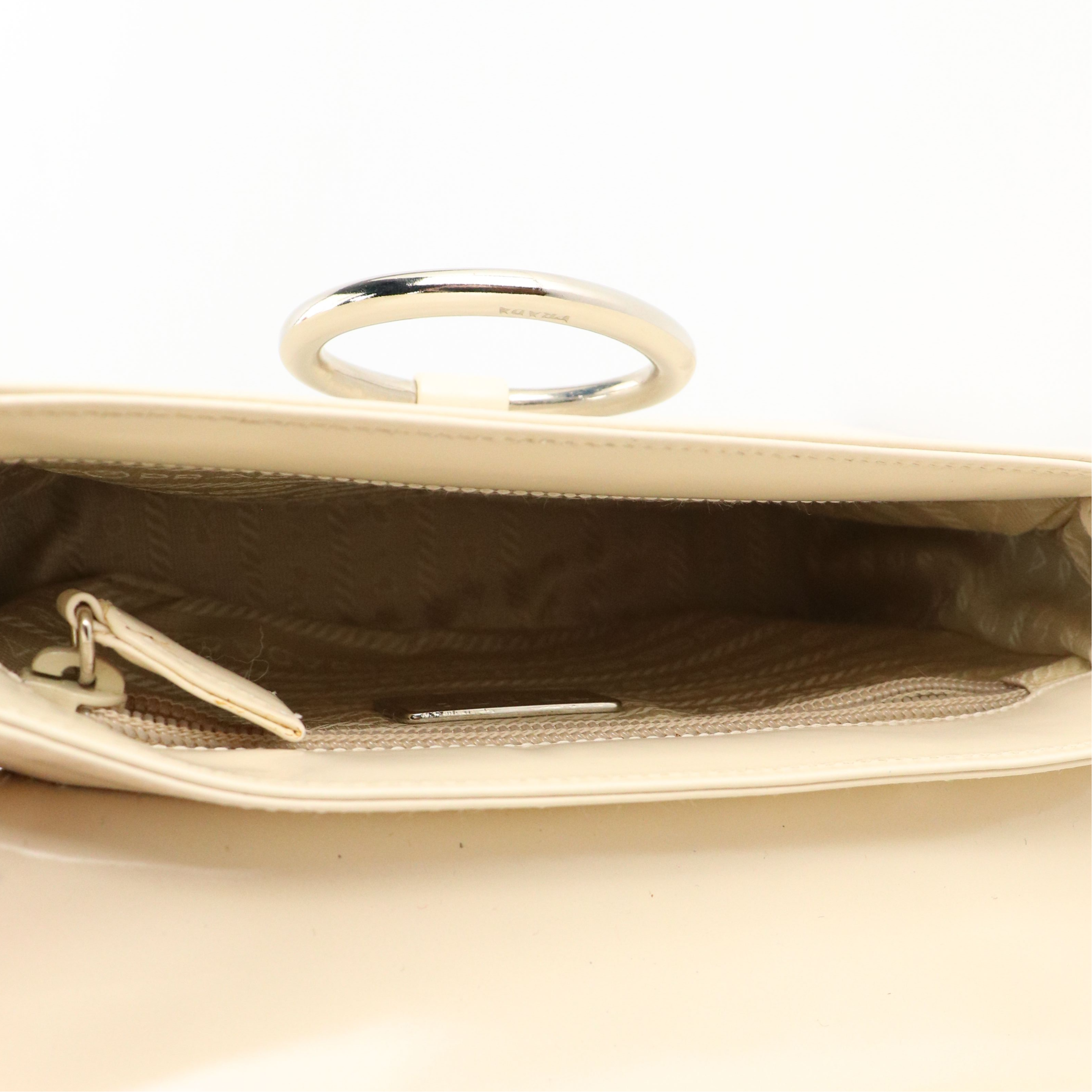 Prada Small Ring-Flap Shoulder Bag in Ivory Patent Leather